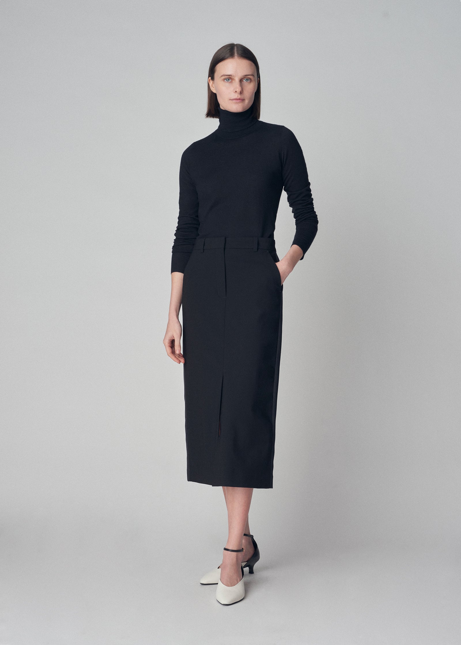 Tuxedo Pencil Skirt in Stretch Virgin Wool - Black - CO Collections