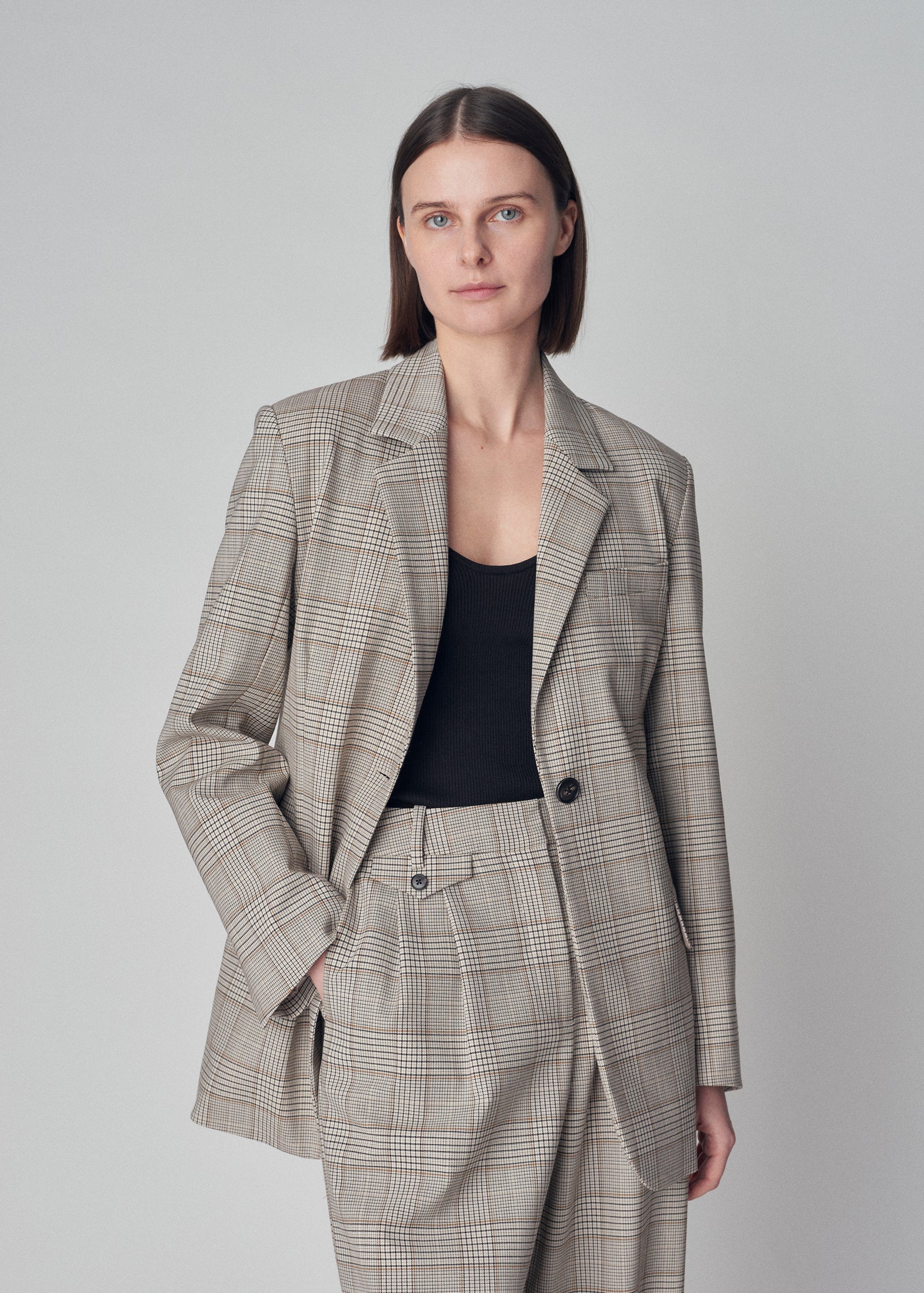 Classic Single Button Blazer in Virgin Wool  - Taupe Multi - CO Collections