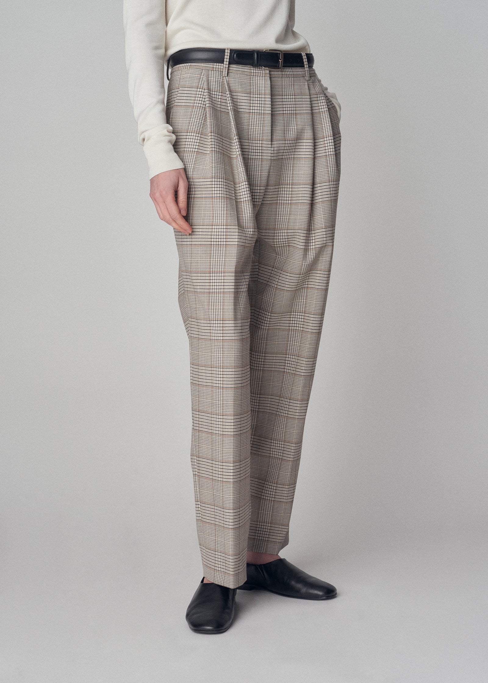 Tapered Pleated Trouser in Virgin Wool  - Taupe Multi - CO Collections
