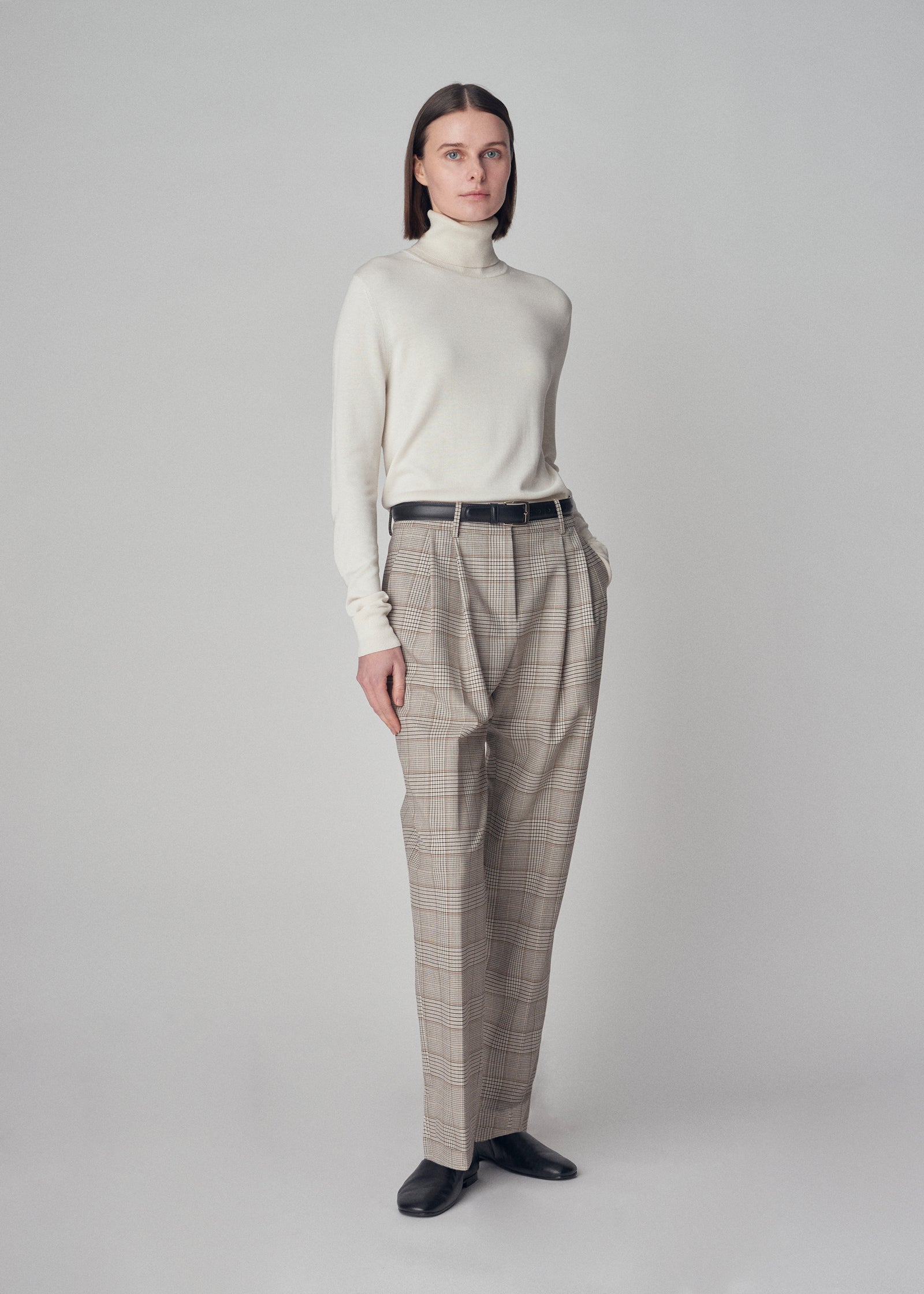 Tapered Pleated Trouser in Virgin Wool  - Taupe Multi - CO Collections
