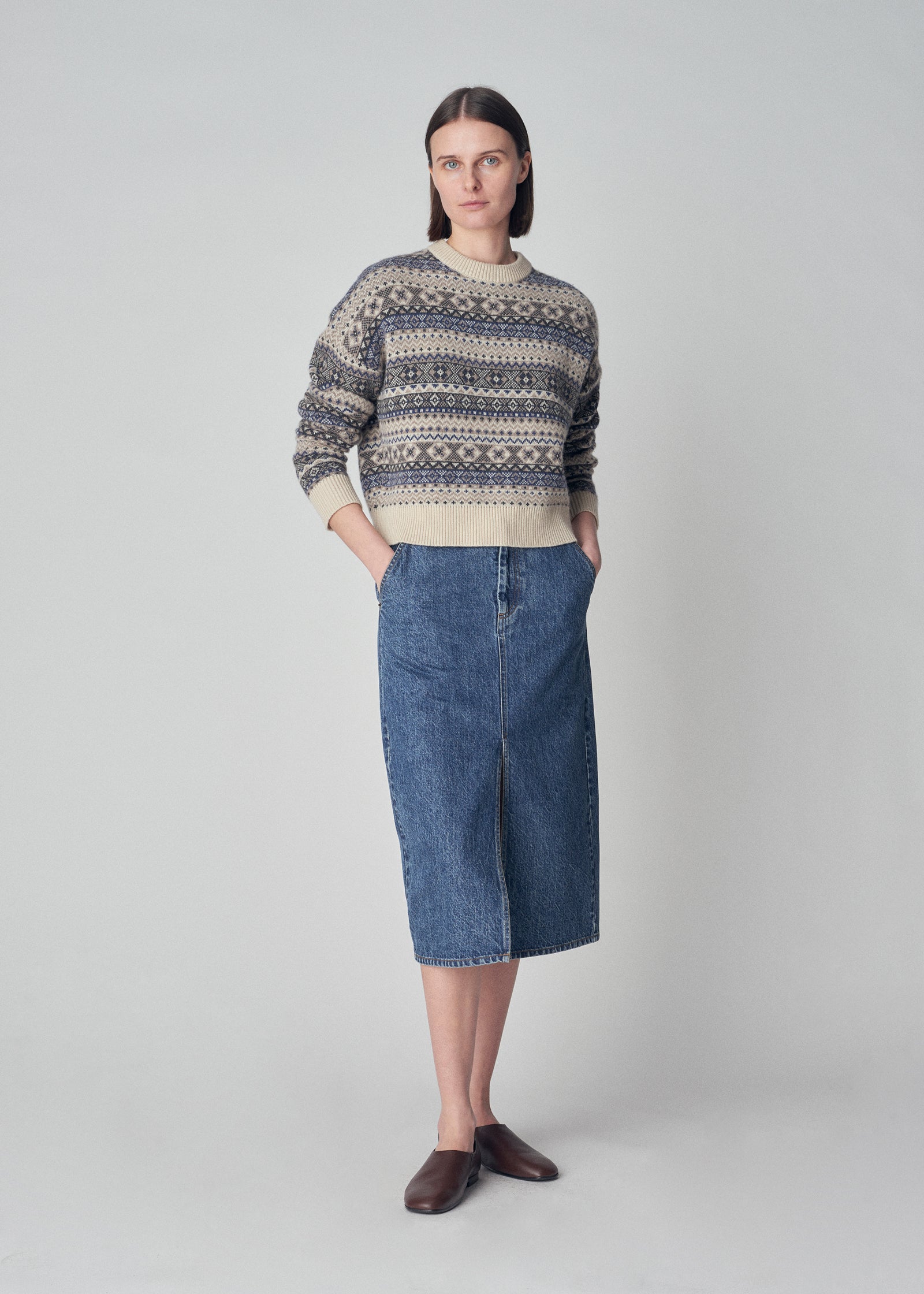 Crew Neck Sweater in Cashmere  - Blue Fair Isle - CO Collections