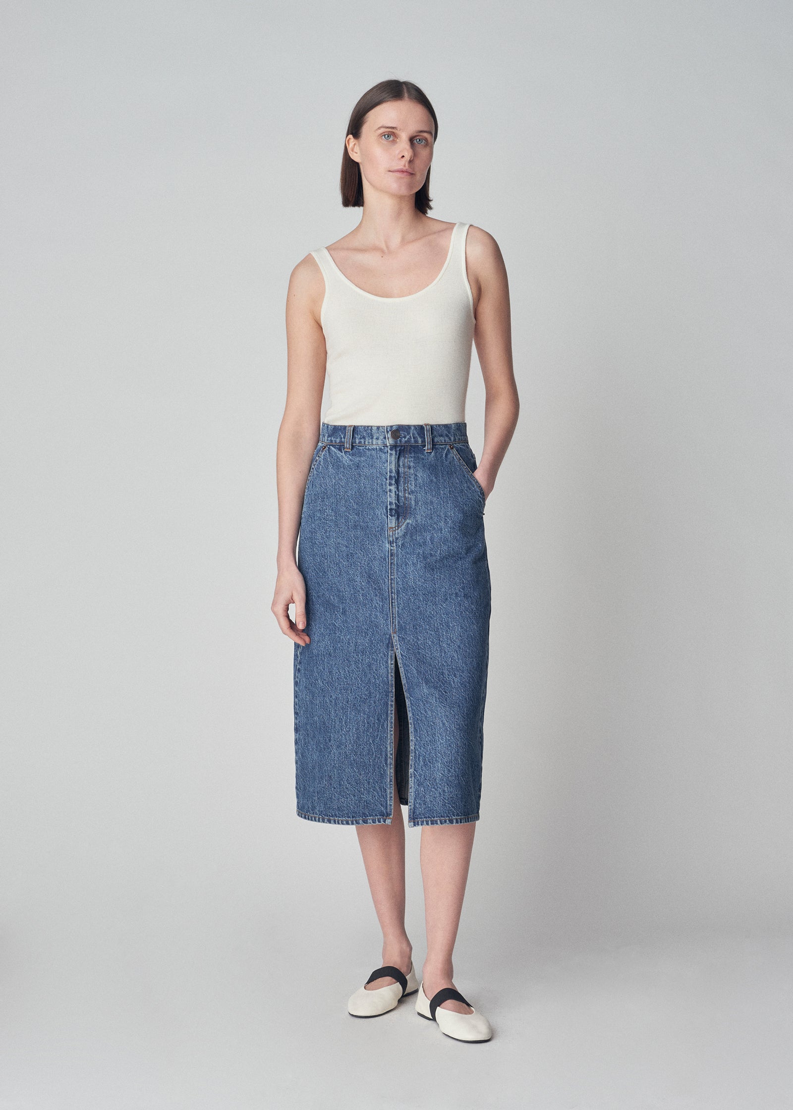 Denim Midi Skirt in Organic Cotton  - Indigo - CO Collections