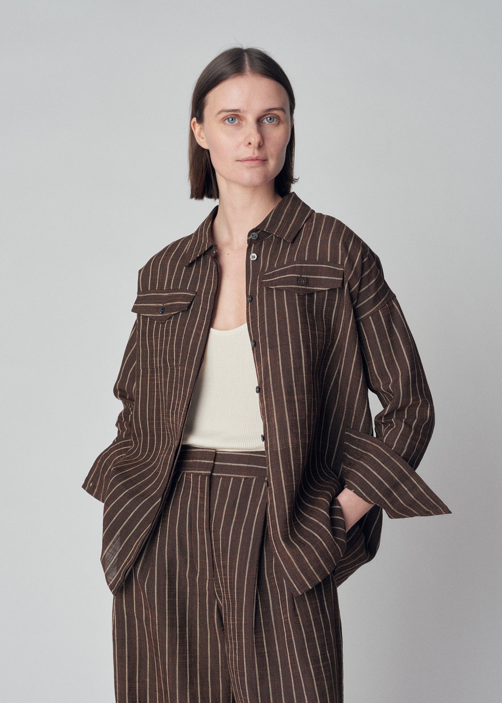 Relaxed Button Down Shirt in Linen  - Brown Stripe - CO Collections