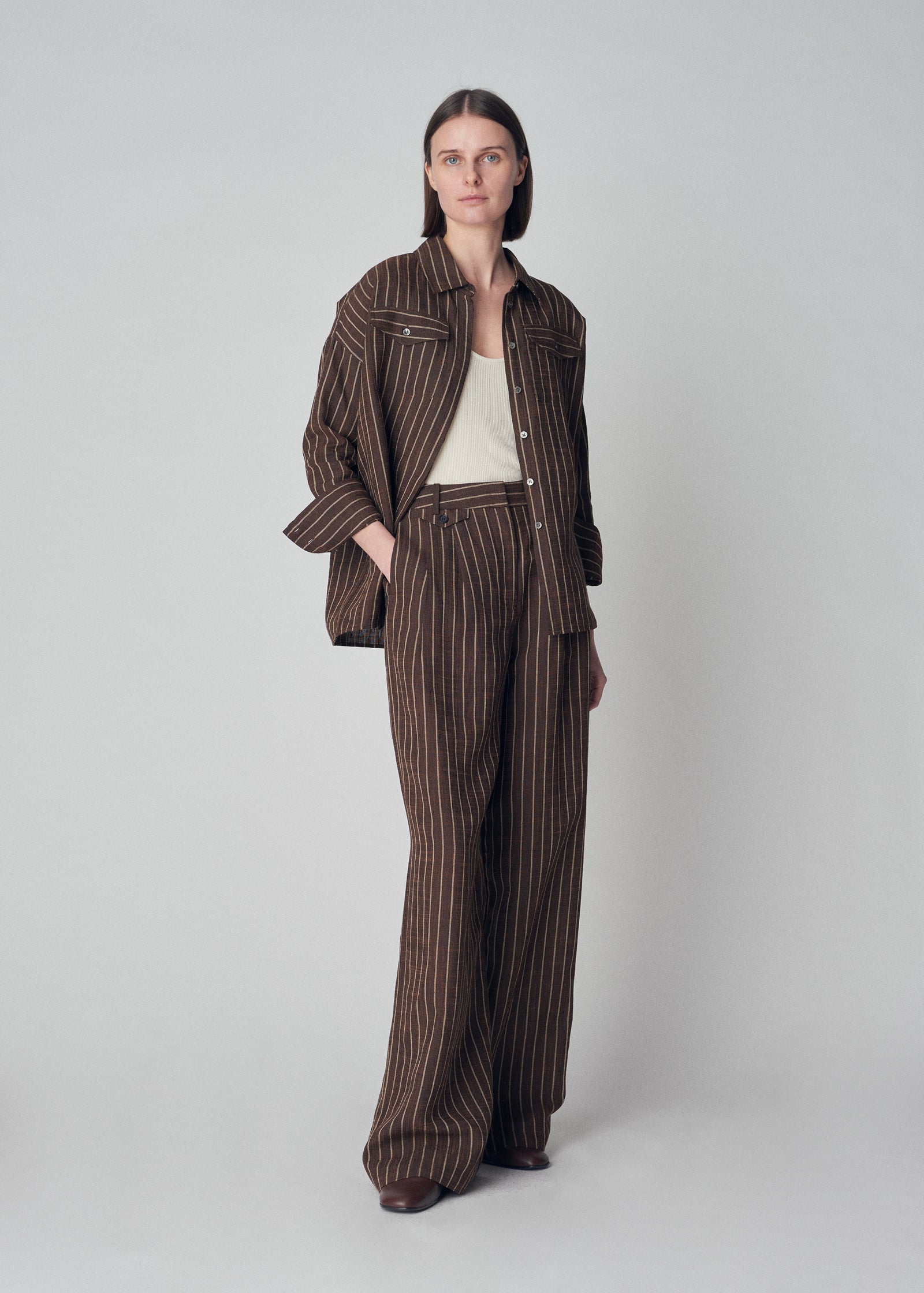Relaxed Button Down Shirt in Linen  - Brown Stripe - CO Collections