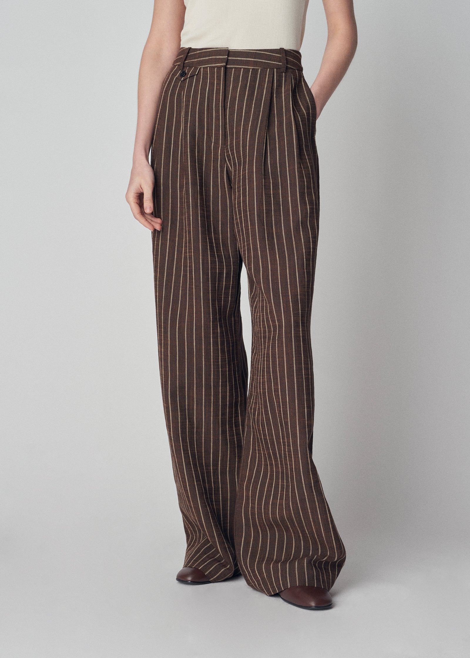 Wide Leg Trouser in Linen  - Brown Stripe - CO Collections