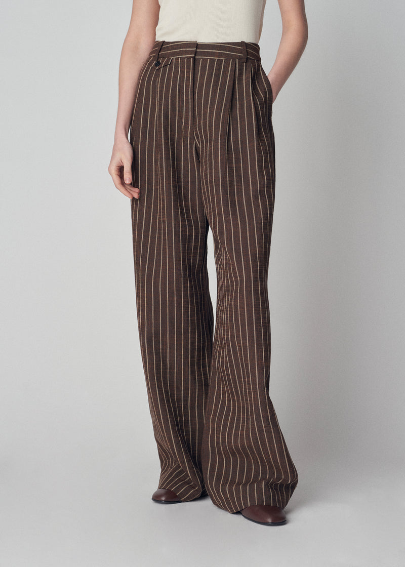 Wide Leg Trouser in Linen  - Brown Stripe - CO