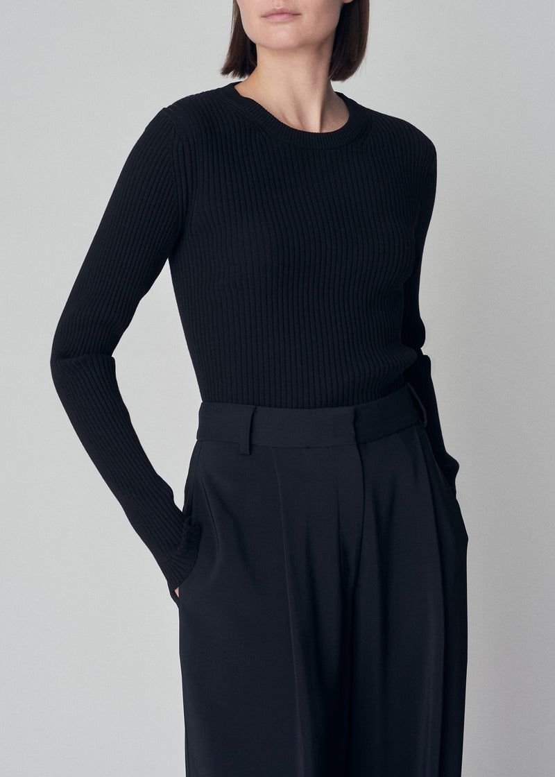 Ribbed Crew Neck Long Sleeve Knit Top in Viscose -  Black - CO