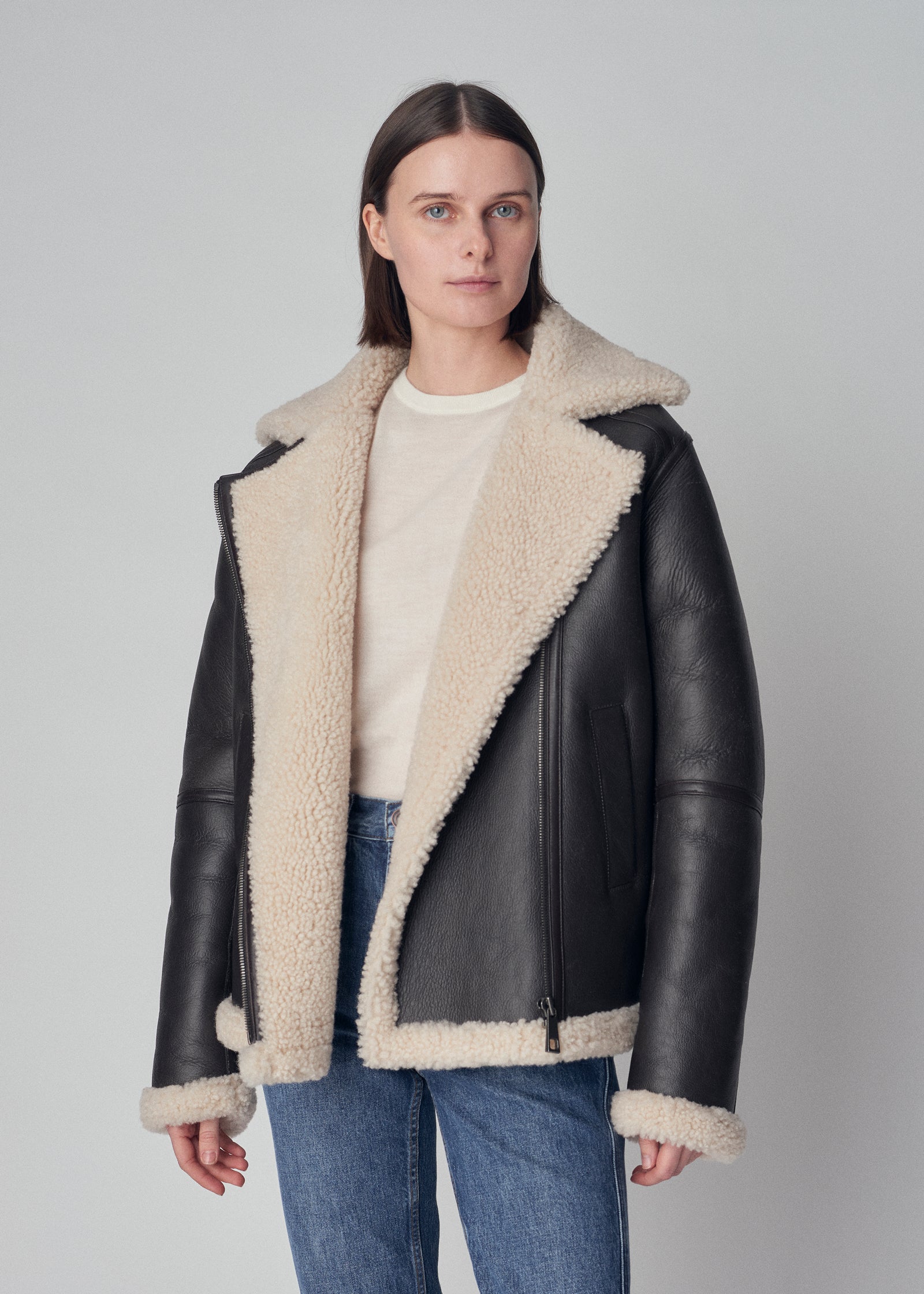 Bomber Jacket in Shearling Leather - Espresso - CO Collections