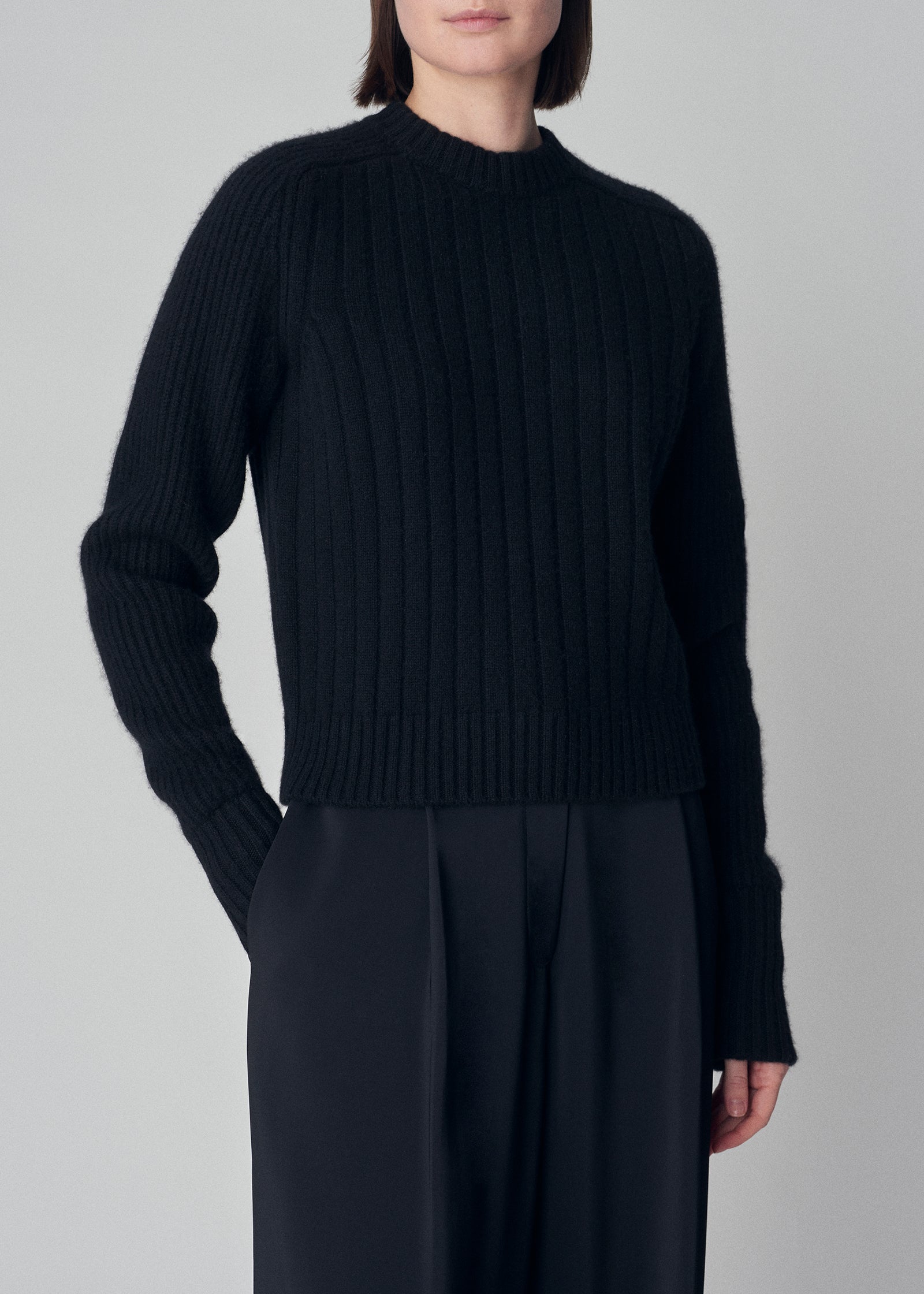 Crew Neck Sweater in Wool Cashmere  - Black - CO Collections