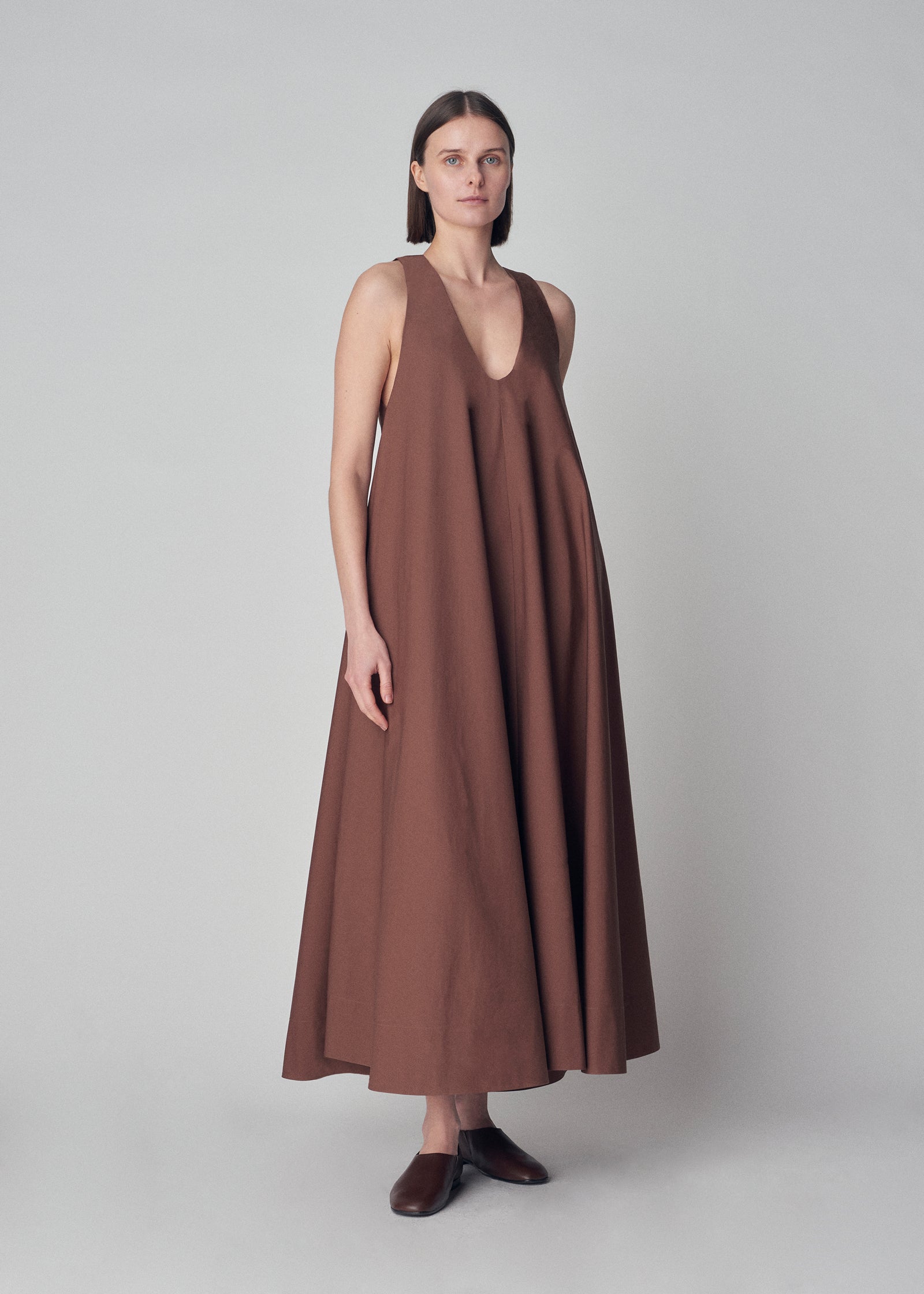 Sleeveless V-Neck Tent Dress in Cotton - Brown - CO Collections