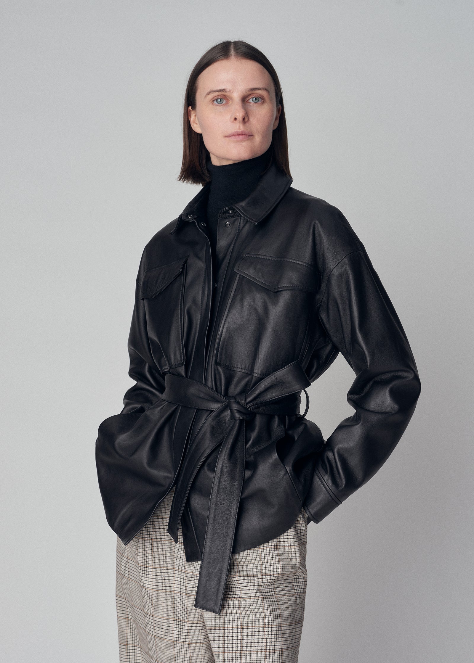 Belted Shirt Jacket in Lambskin Leather - Black - CO Collections