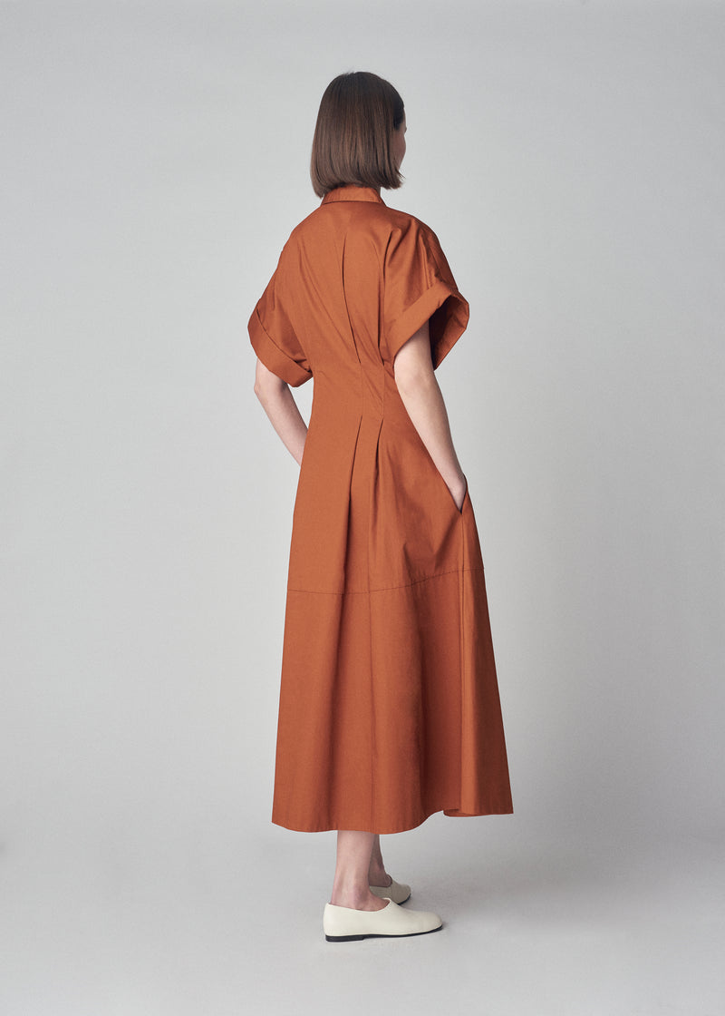 Short Sleeve Midi Dress in Cotton Poplin - Chestnut - CO