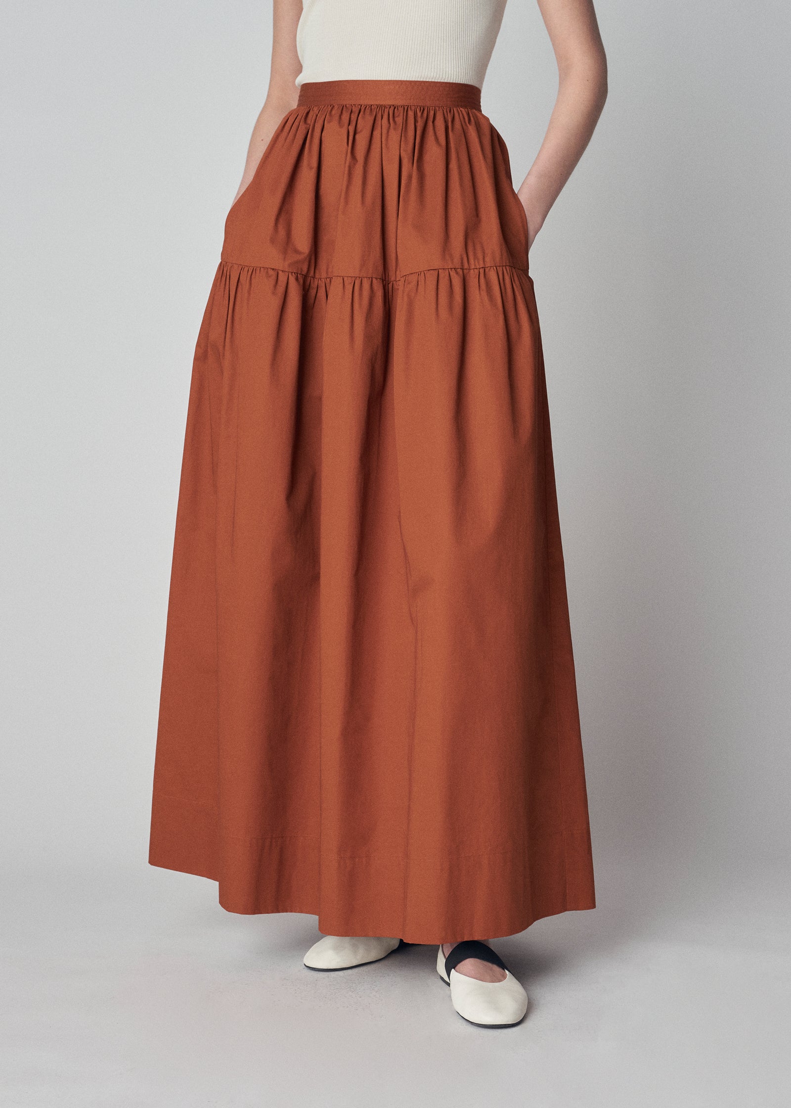 Tiered Midi Skirt Fitted Waist in Cotton Poplin  - Chestnut - CO Collections
