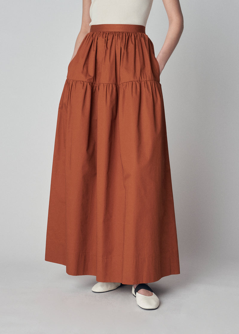 Tiered Midi Skirt Fitted Waist in Cotton Poplin  - Chestnut - CO