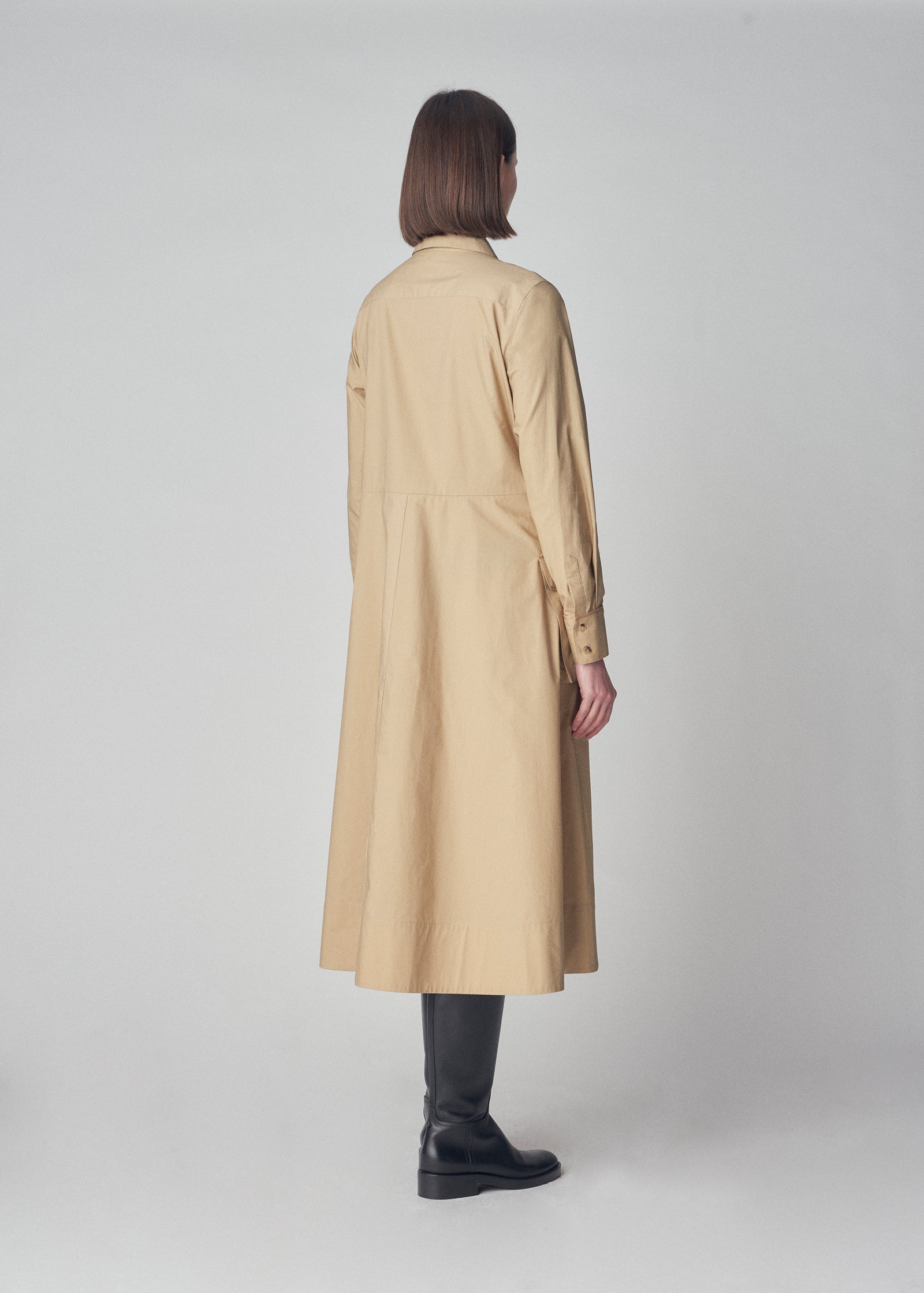 Long Sleeve Utility Shirt Dress in Cotton Poplin - Khaki - CO Collections