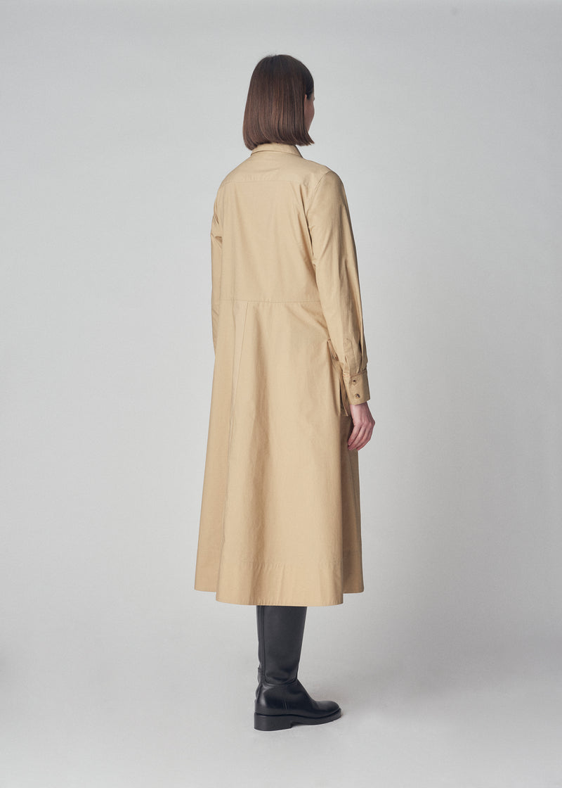 Long Sleeve Utility Shirt Dress in Cotton Poplin - Khaki - CO