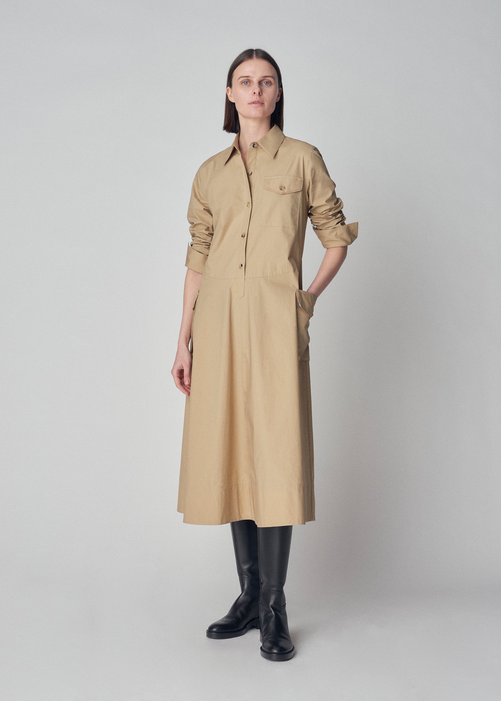 Long Sleeve Utility Shirt Dress in Cotton Poplin - Khaki - CO Collections