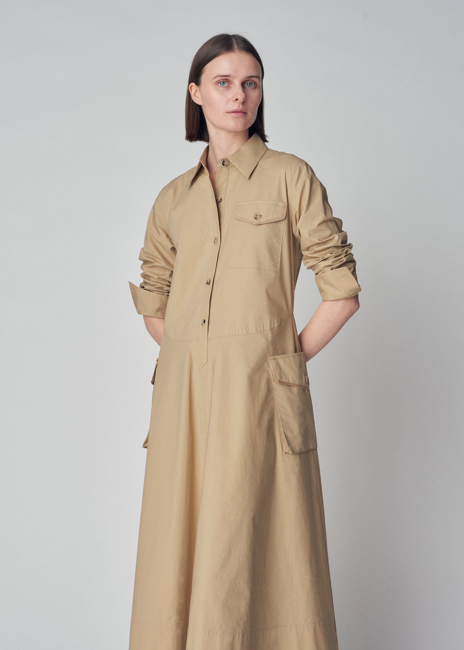 Long Sleeve Utility Shirt Dress in Cotton Poplin - Khaki - CO Collections