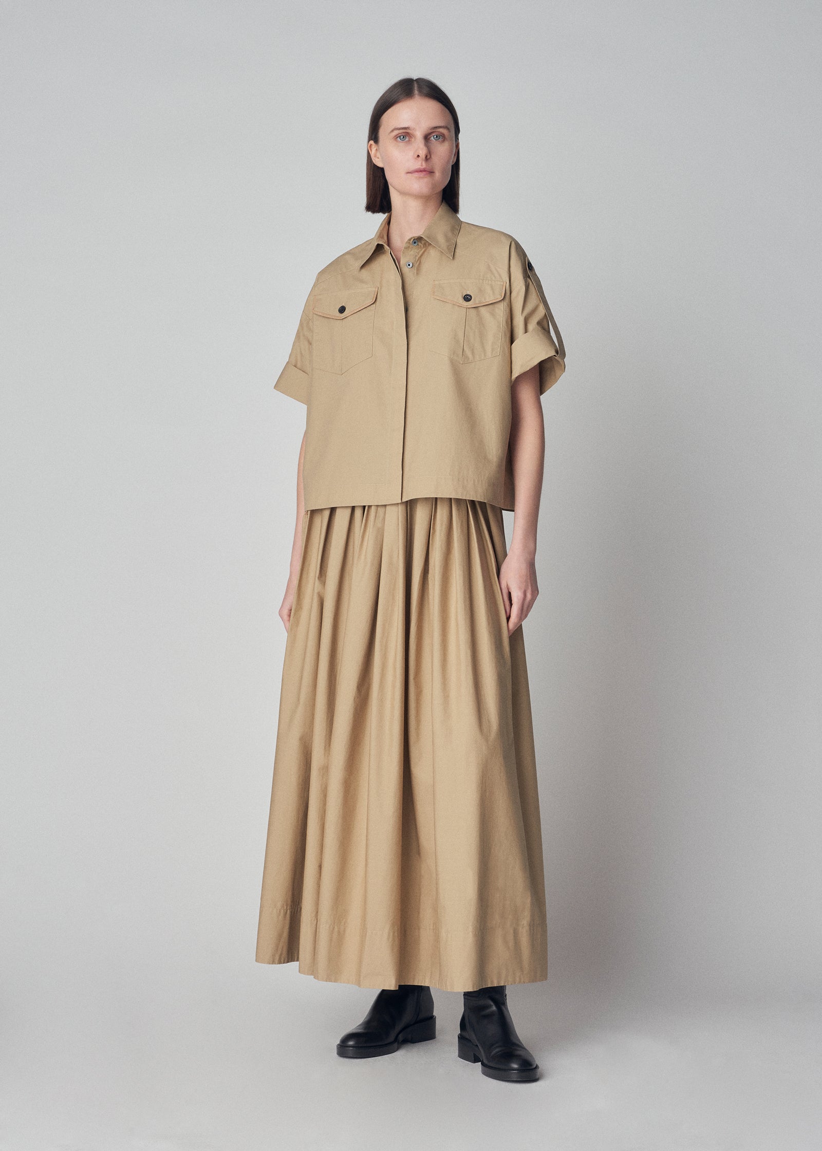 Short Sleeve Safari Shirt in Cotton  - Khaki - CO Collections