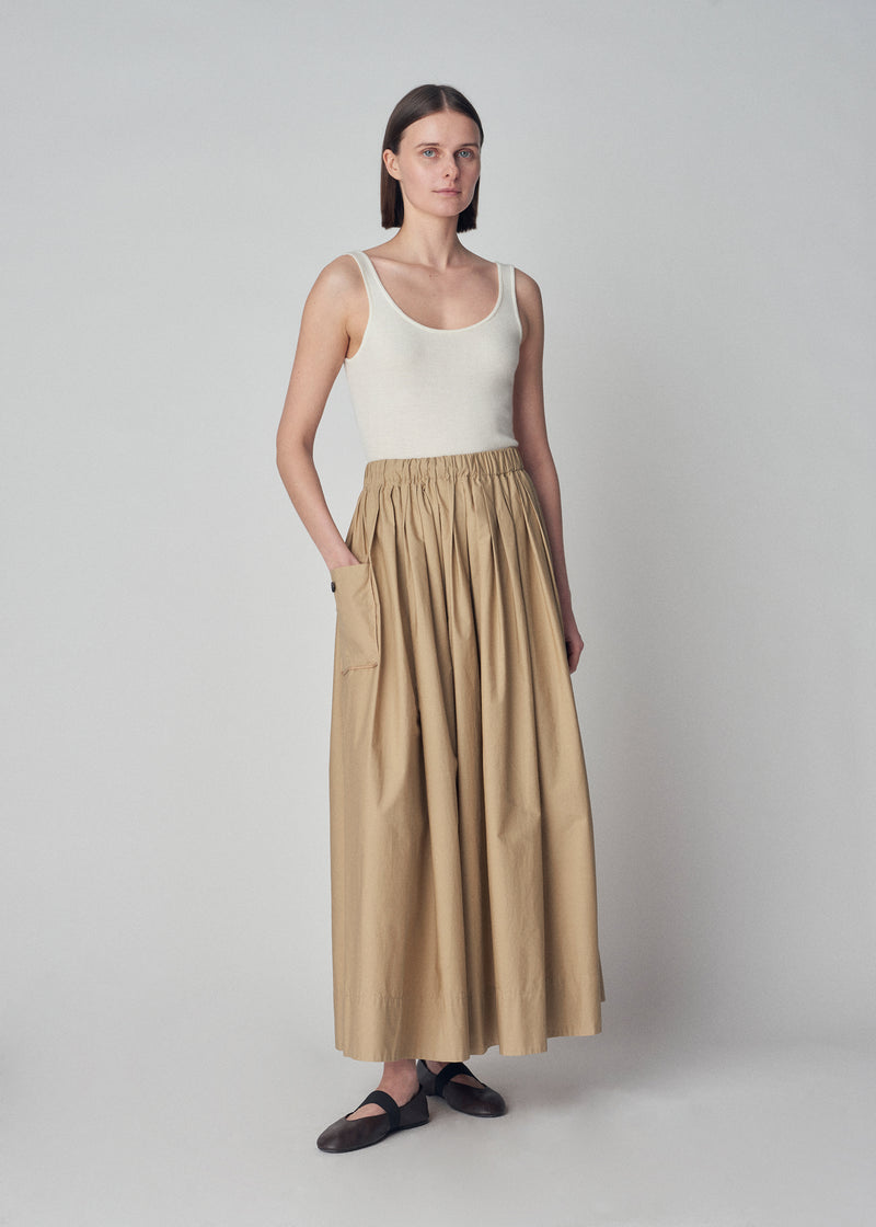 Pull On Midi Skirt in Cotton Poplin -  Khaki - CO