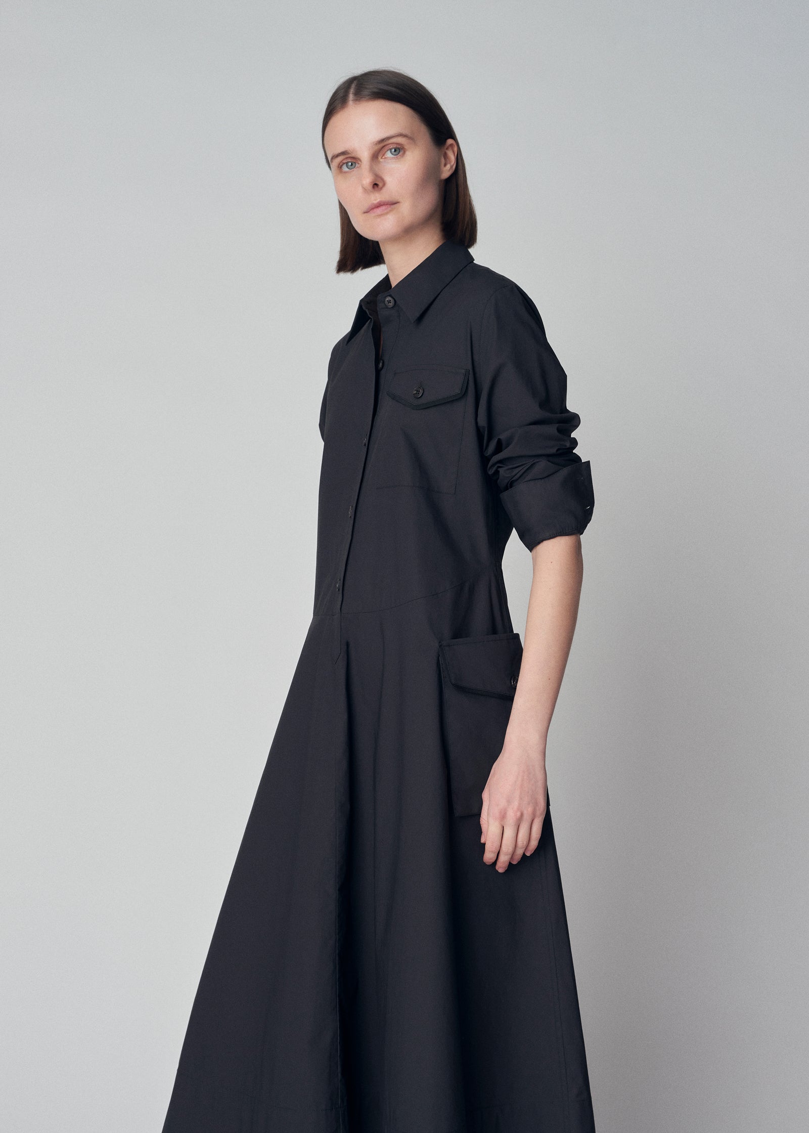 Long Sleeve Cargo Shirt Dress in Cotton Poplin - Black - CO Collections