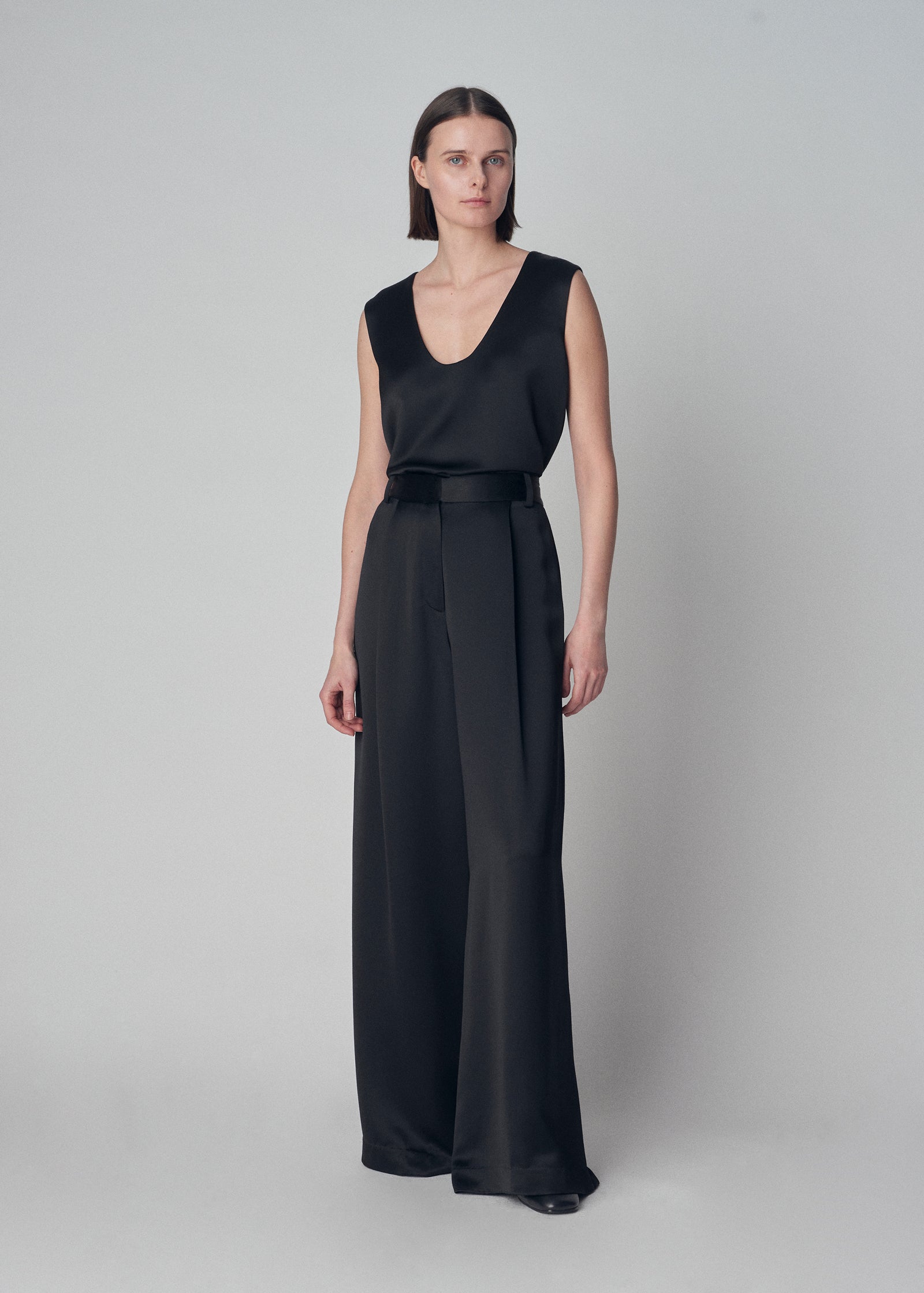 Sleeveless Scoop Neck Top in Satin  - Black - CO Collections