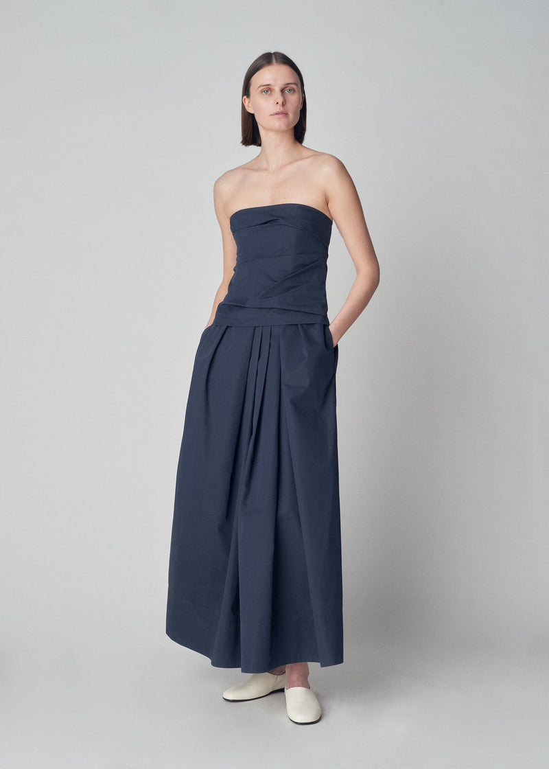 Bustier Dress in Cotton Silk Poplin - Navy - CO