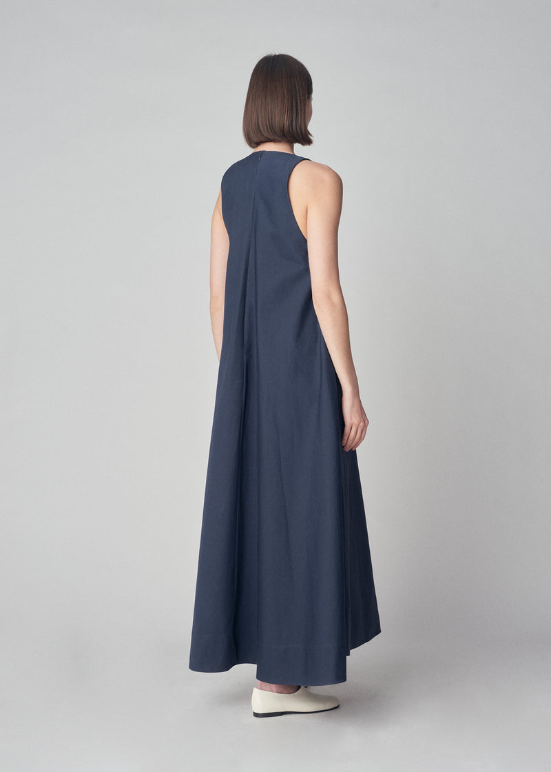 Sleeveless V-Neck Tent Dress in Silk Cotton - Navy - CO