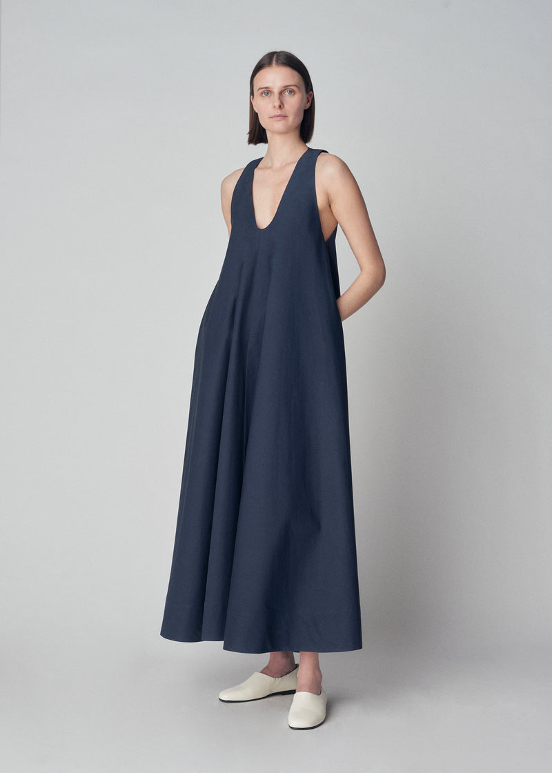Sleeveless V-Neck Tent Dress in Silk Cotton - Navy - CO