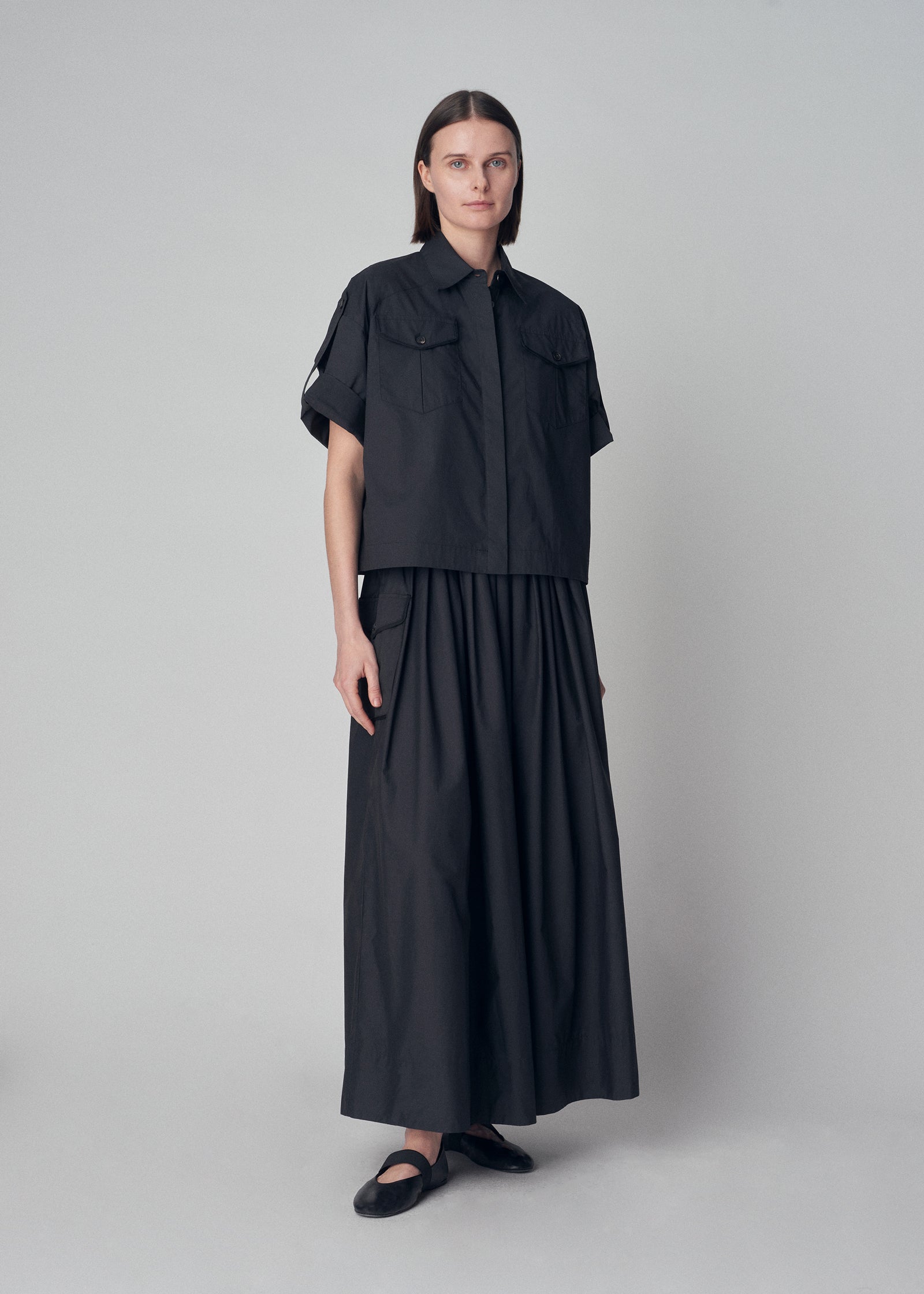 Pull On Midi Skirt in Cotton Poplin -  Black - CO Collections