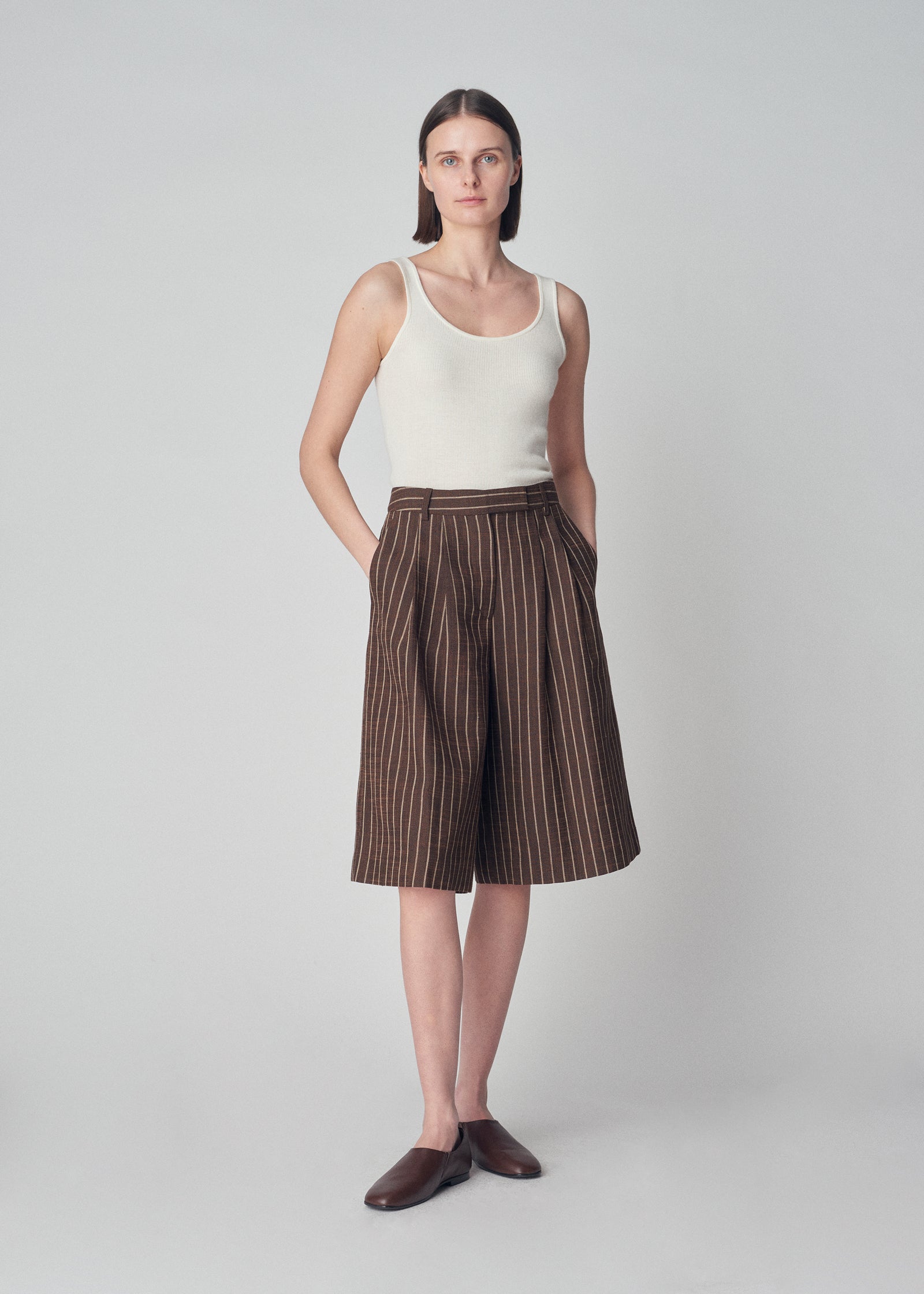 Relaxed Bermuda Short in Linen  - Brown Stripe - CO Collections