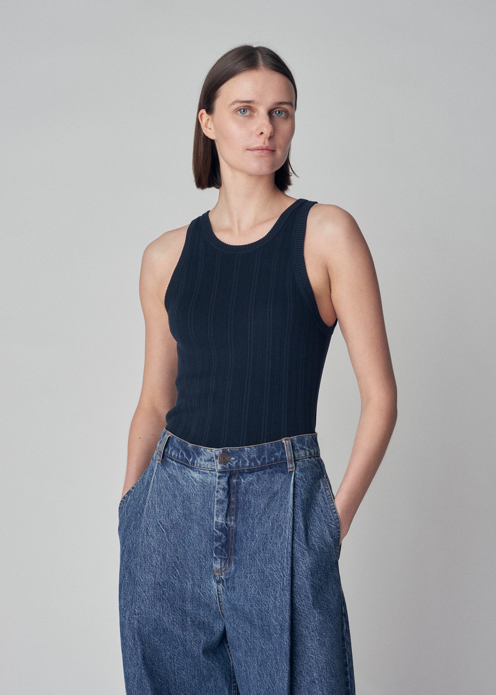 Ribbed Tank in Silk Knit  - Navy - CO Collections