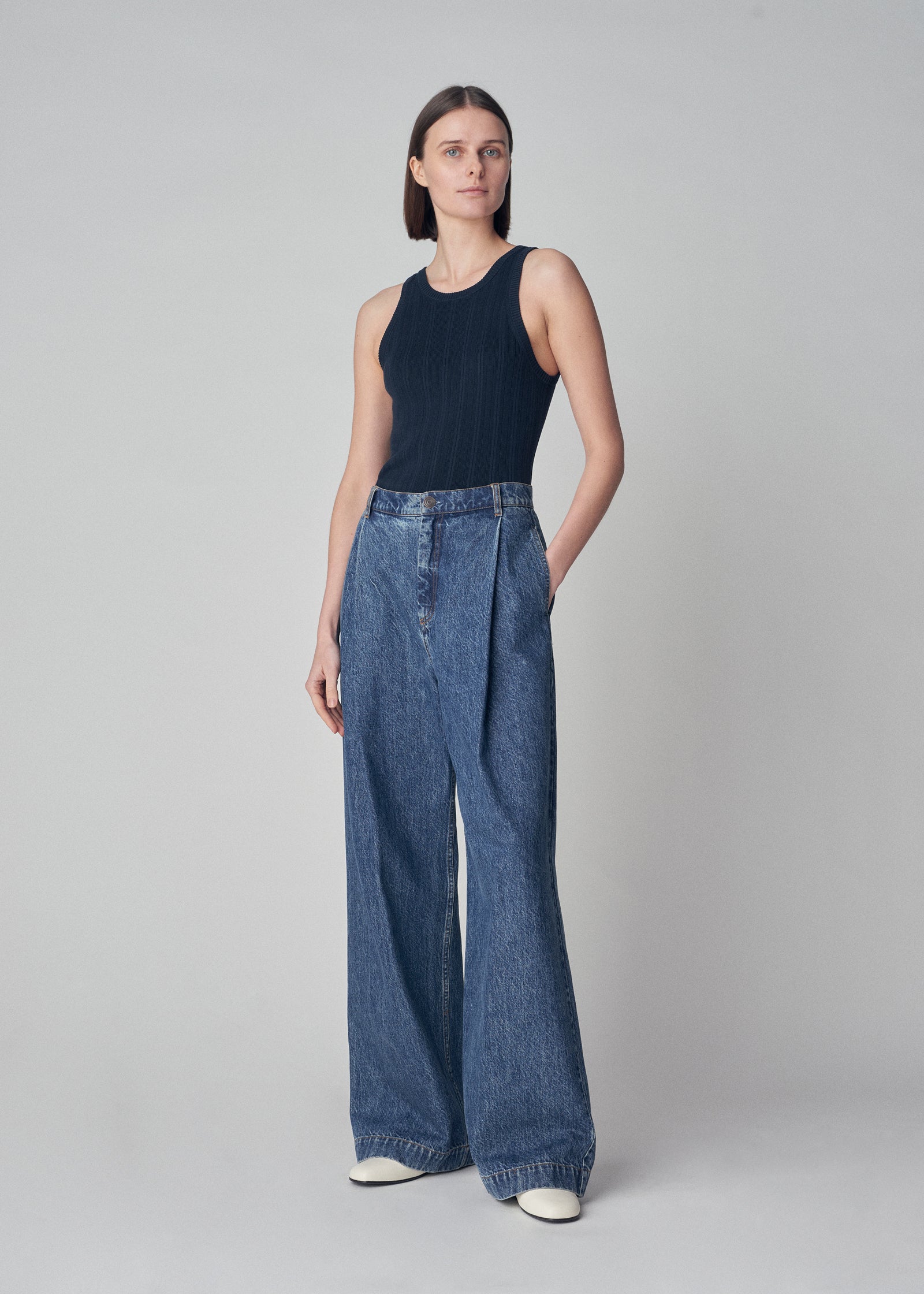 Ribbed Tank in Silk Knit  - Navy - CO Collections