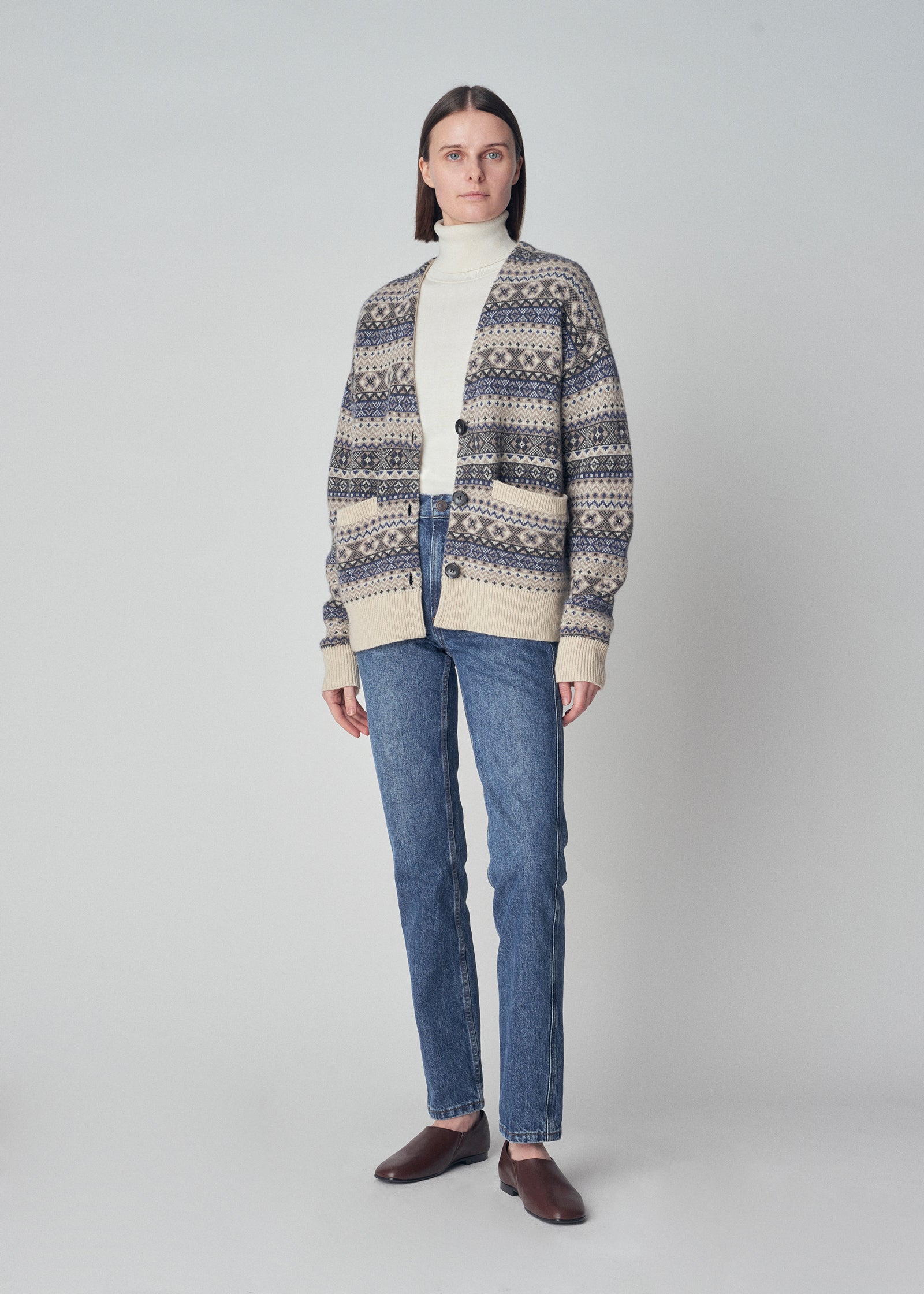 Long Cardigan in Cashmere  - Blue Fair Isle - CO Collections
