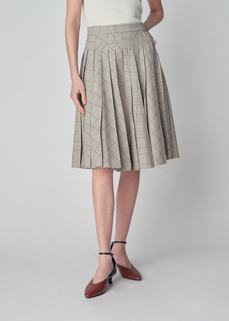 Knee Length Pleat Skirt in Virgin Wool - Taupe Plaid - CO