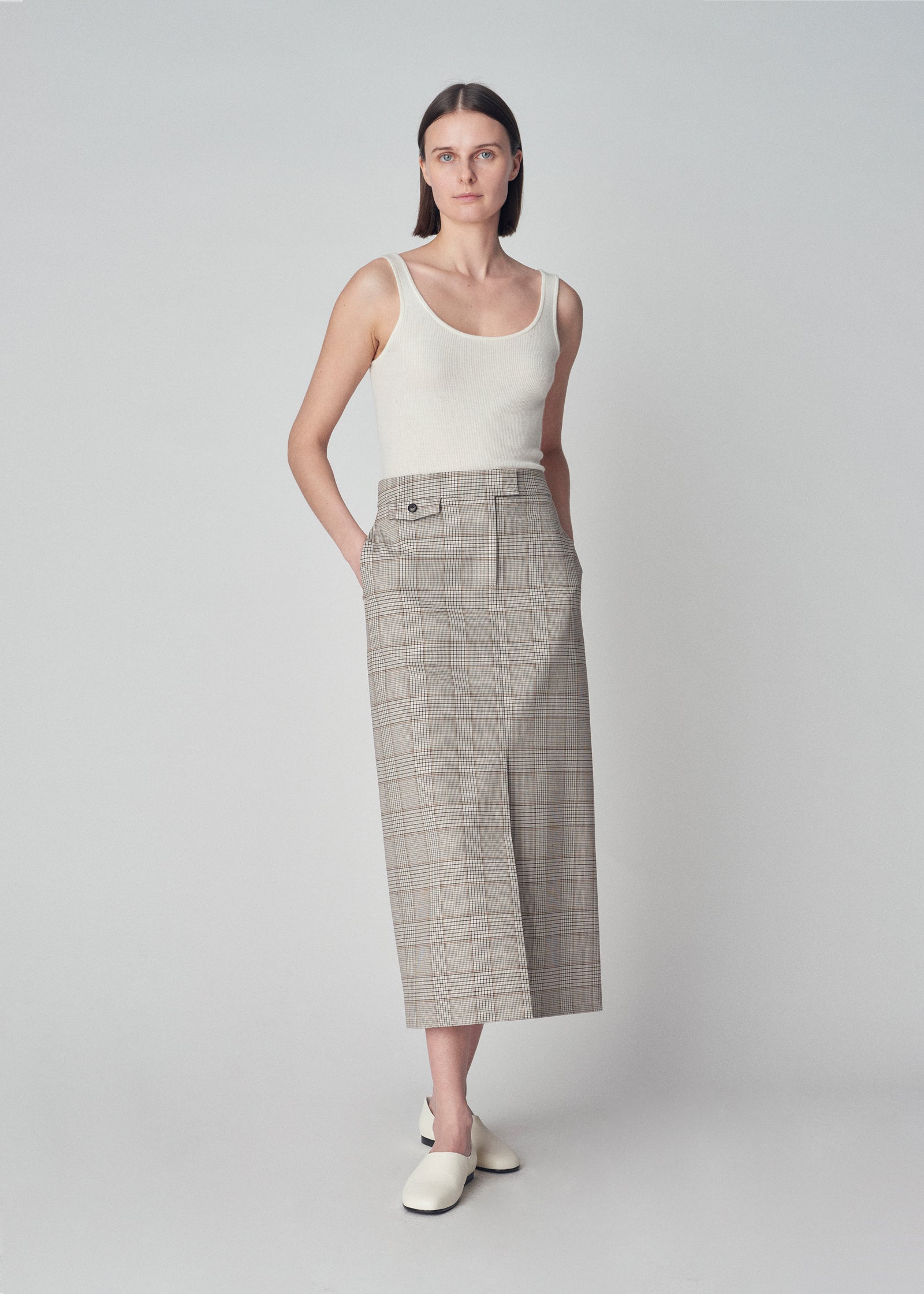 Slit Front Midi Pencil Skirt in Virgin Wool  - Taupe Multi - CO Collections