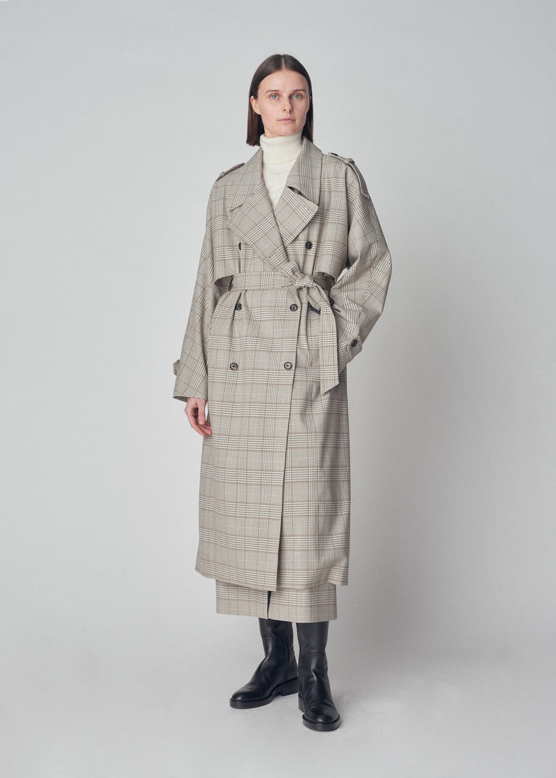Long Belted Trench Coat in Virgin Wool  - Taupe Multi - CO