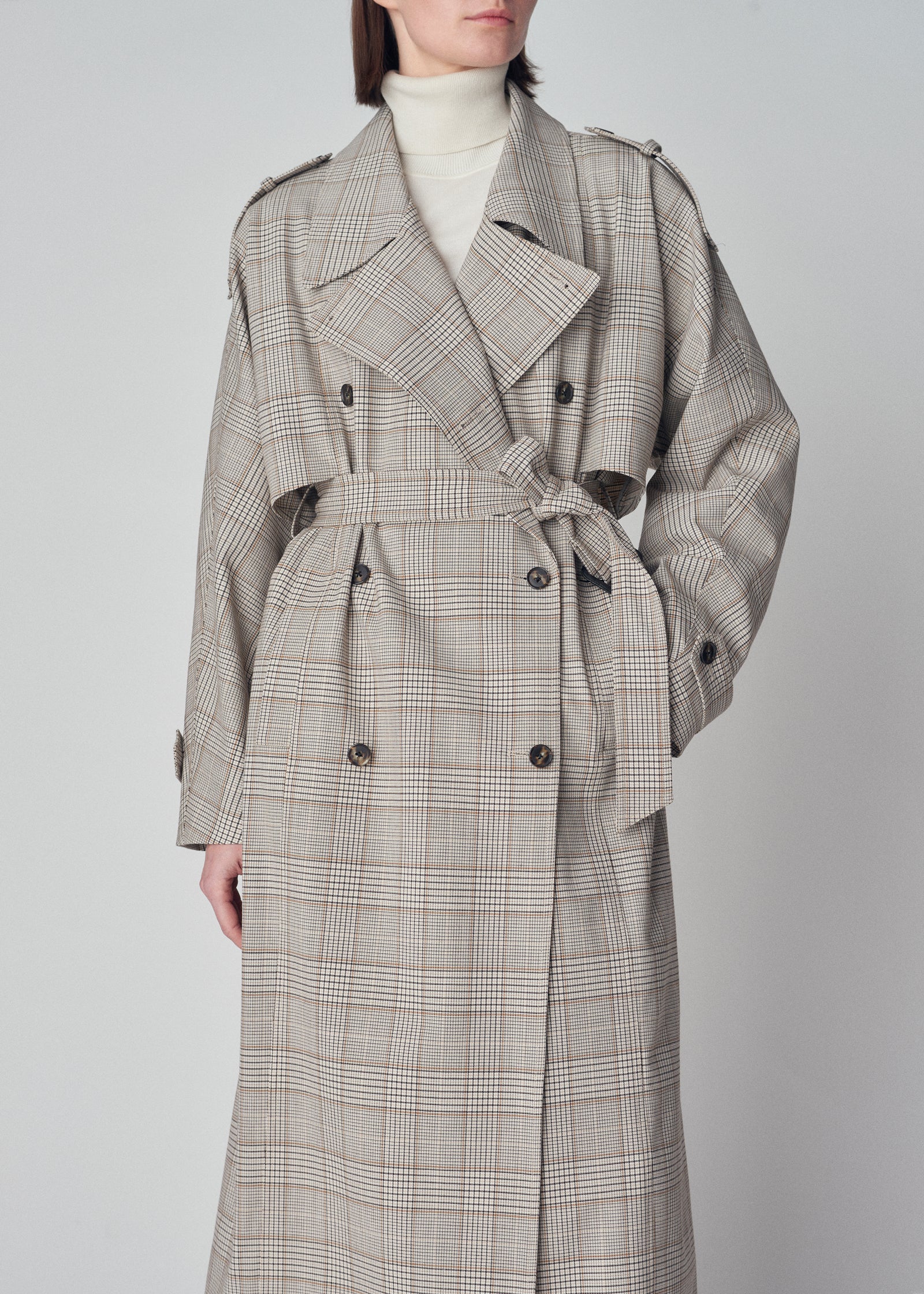 Long Belted Trench Coat in Virgin Wool  - Taupe Multi - CO Collections