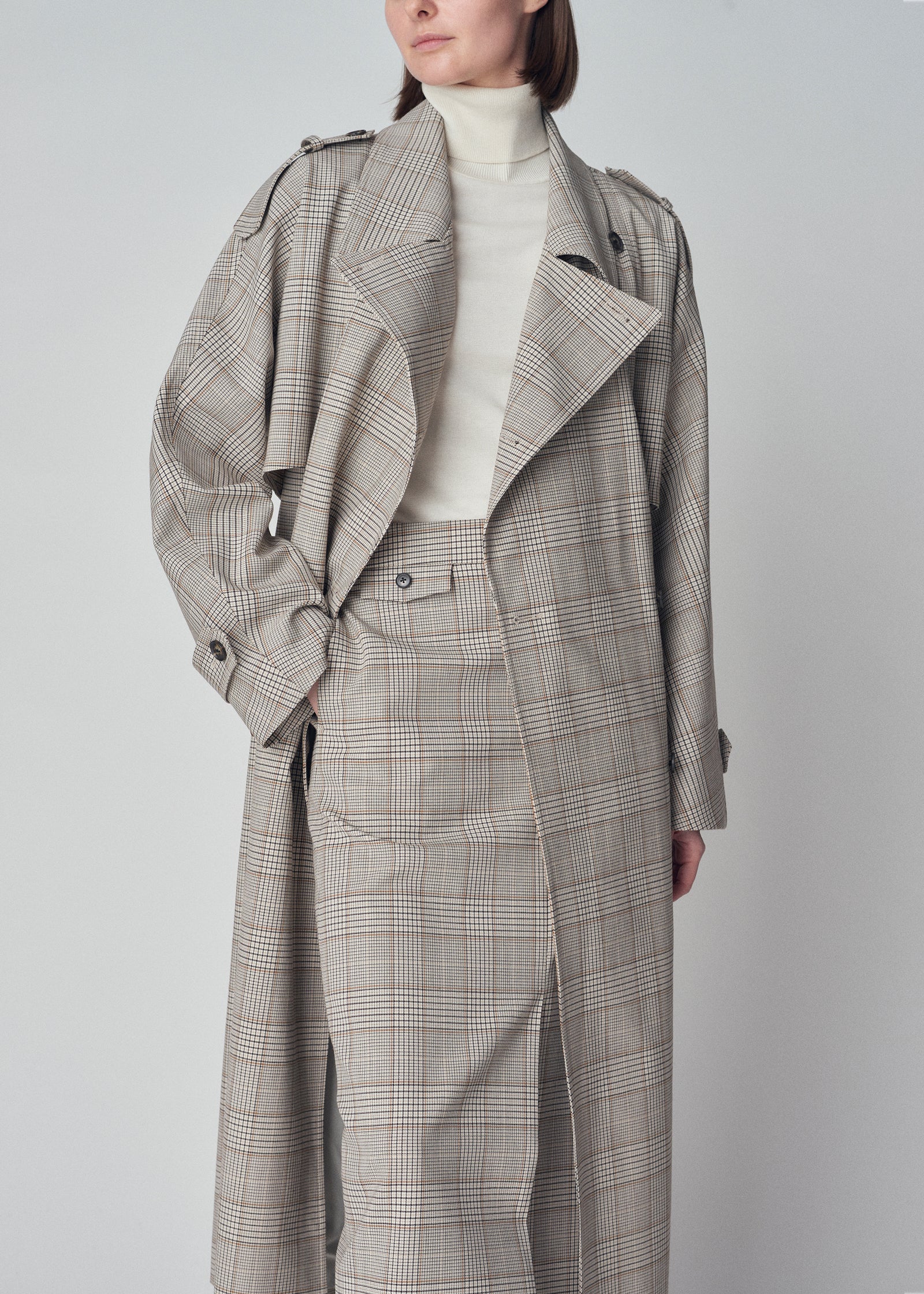 Long Belted Trench Coat in Virgin Wool  - Taupe Multi - CO Collections
