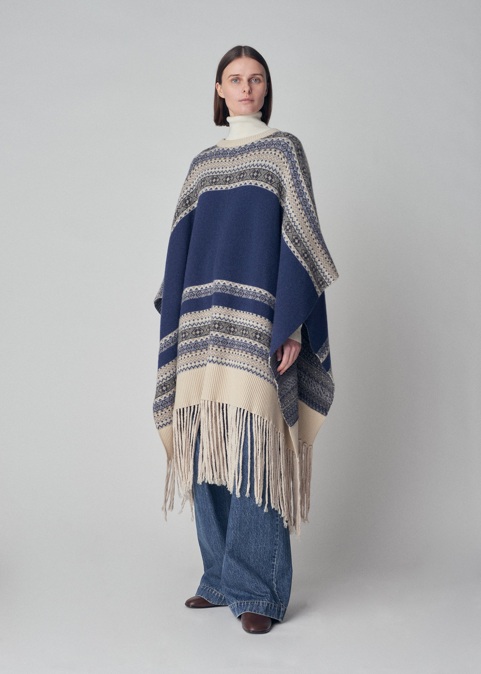 Knit Poncho in Cashmere  - Blue Fair Isle - CO Collections
