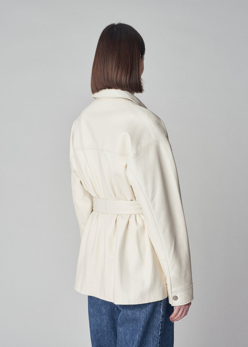 Belted Shirt Jacket in Lambskin Leather  - Ivory - CO