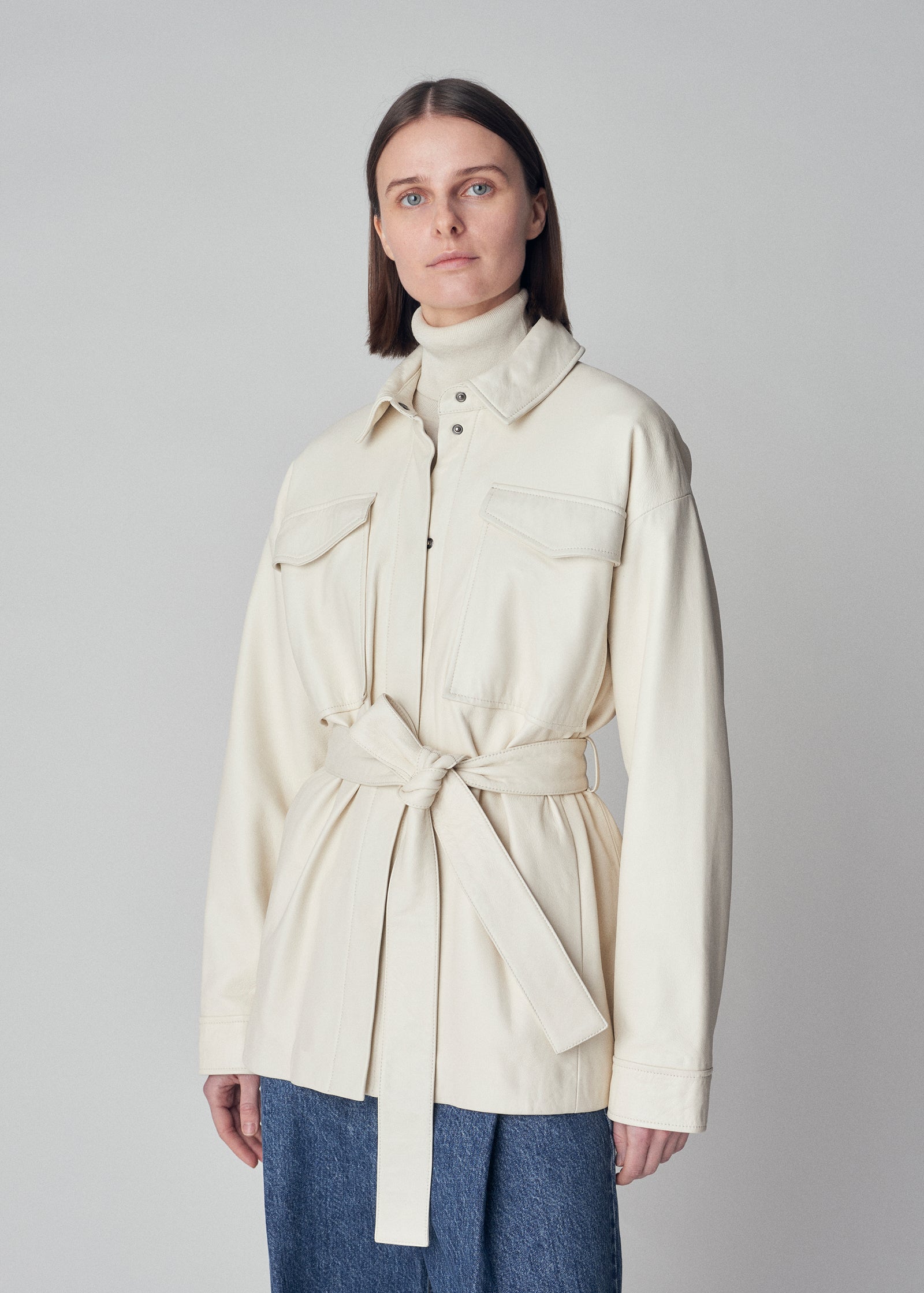 Belted Shirt Jacket in Lambskin Leather  - Ivory - CO Collections