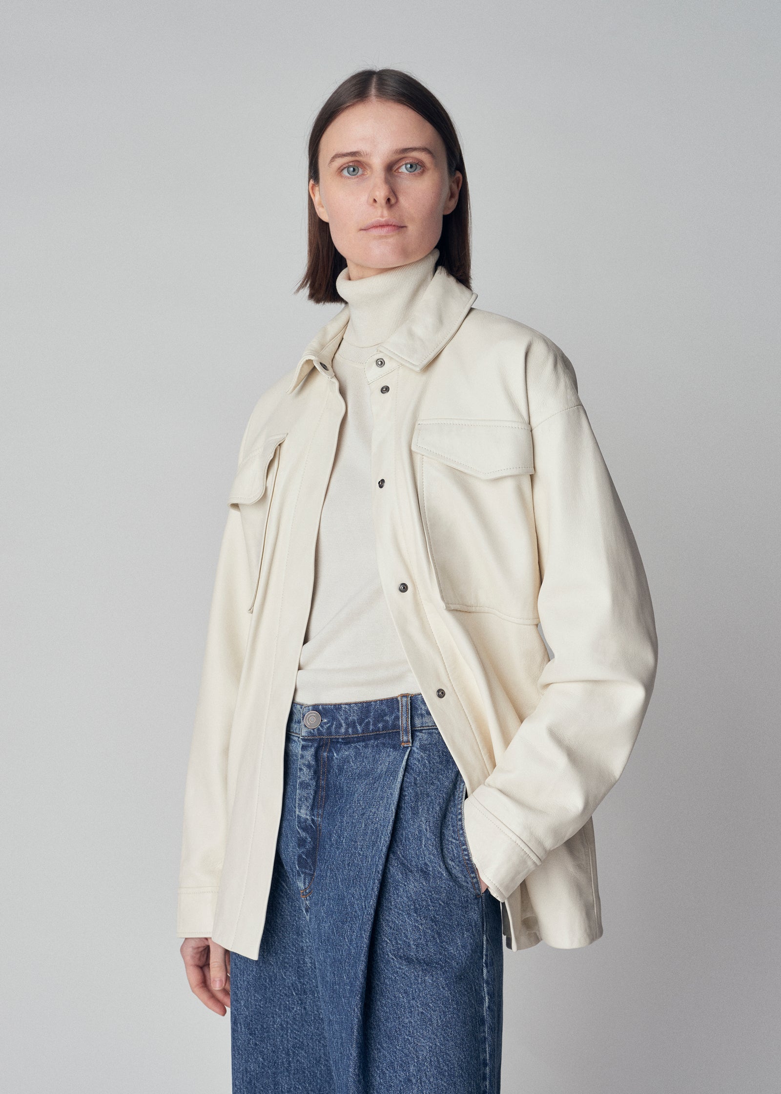 Belted Shirt Jacket in Lambskin Leather  - Ivory - CO Collections