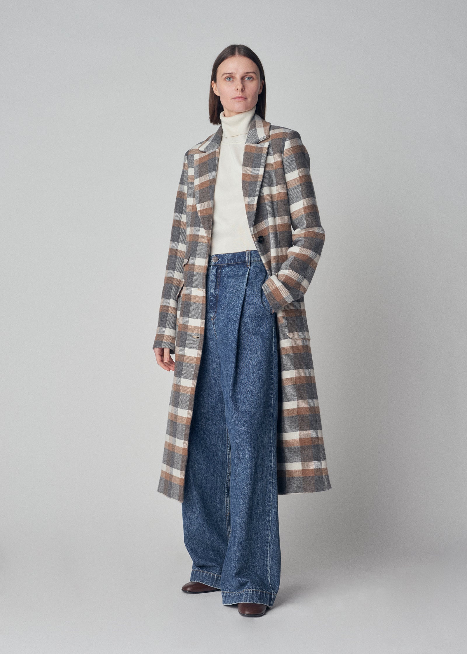 Long Plaid Coat in Cotton Wool Flannel - Plaid - CO Collections