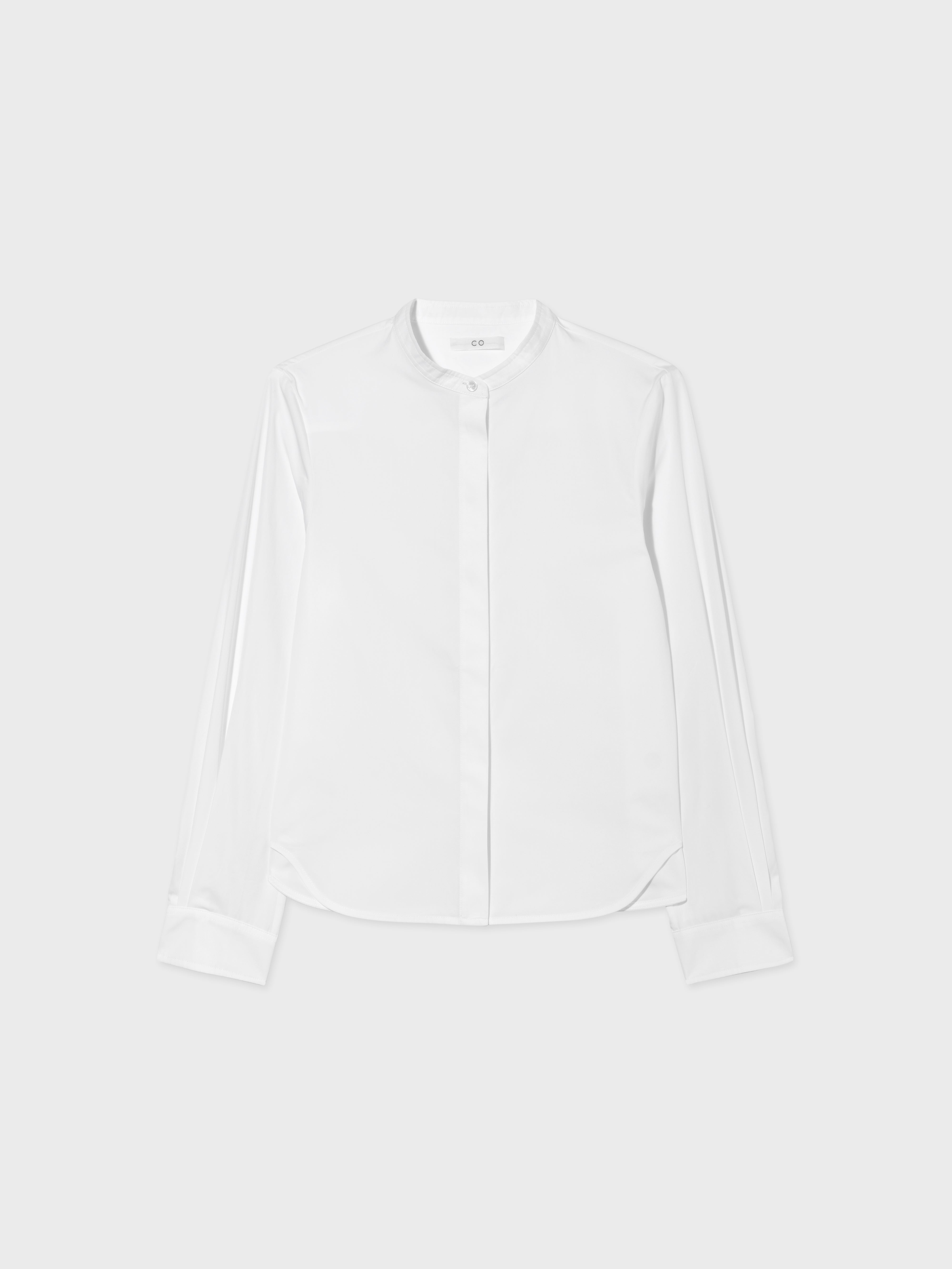 Stand Collar Tuxedo Shirt in Cotton Poplin- White