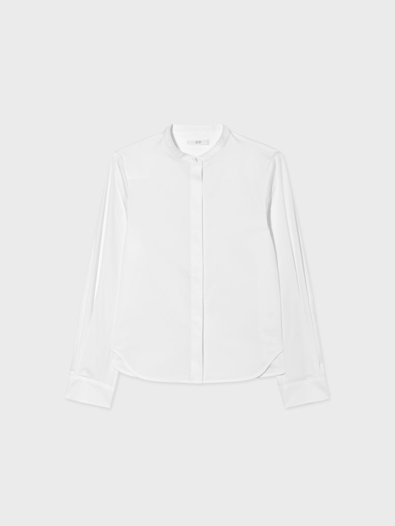 Stand Collar Tuxedo Shirt in Cotton - White - CO