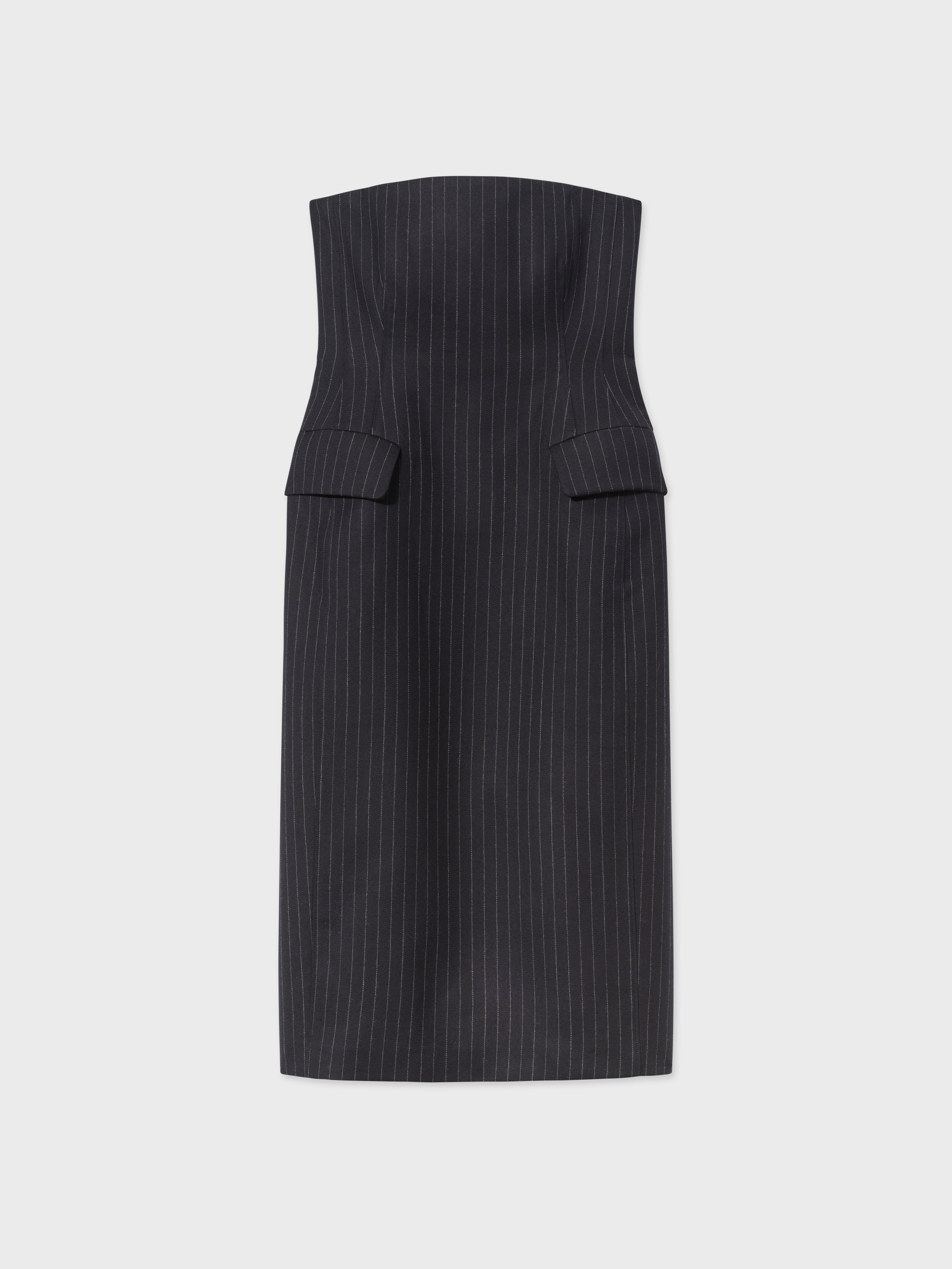 Tailored Bustier Dress in Virgin Wool - Navy Stripe