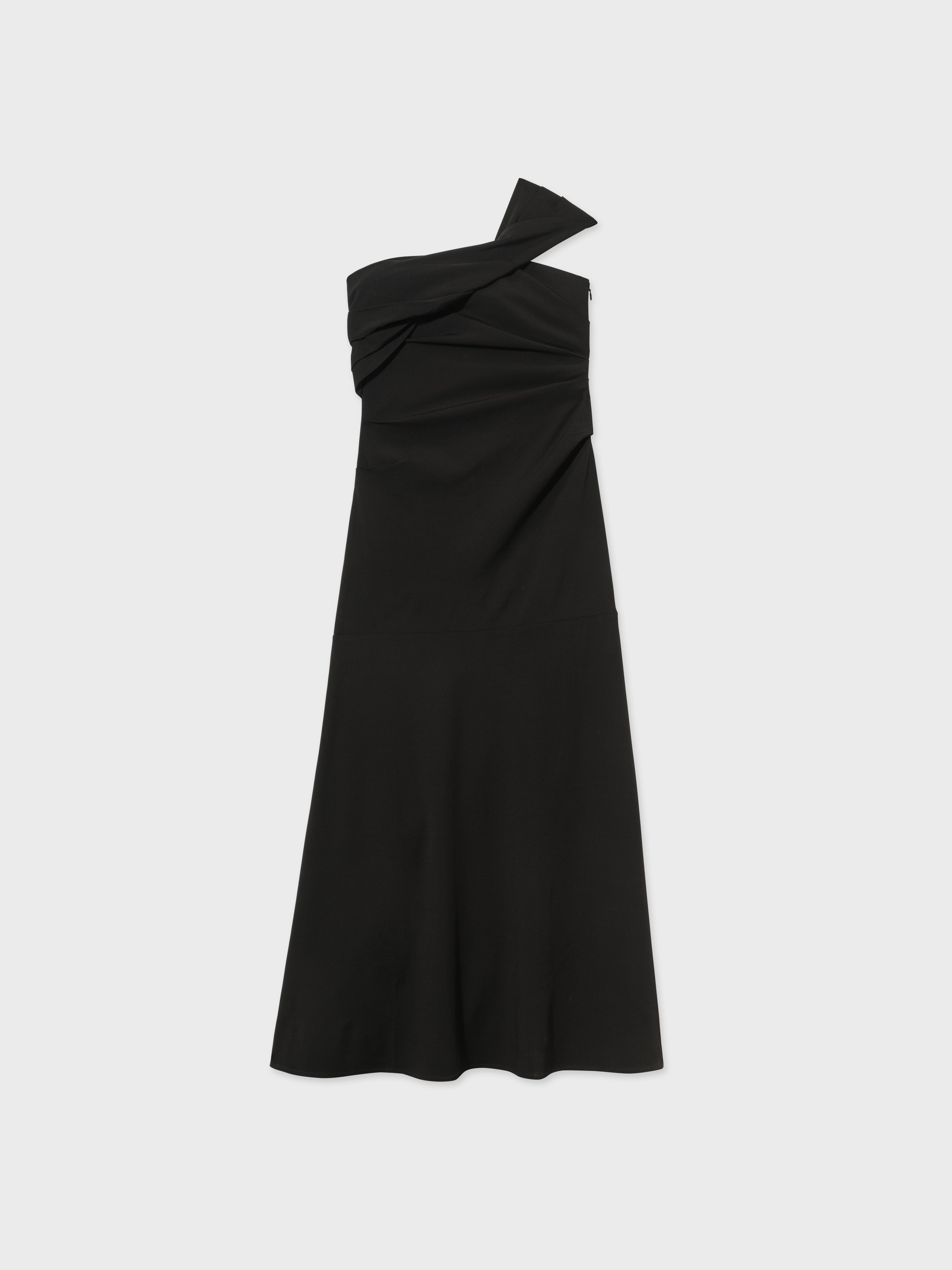 One Shoulder Twist Dress in Stretch Wool - Black