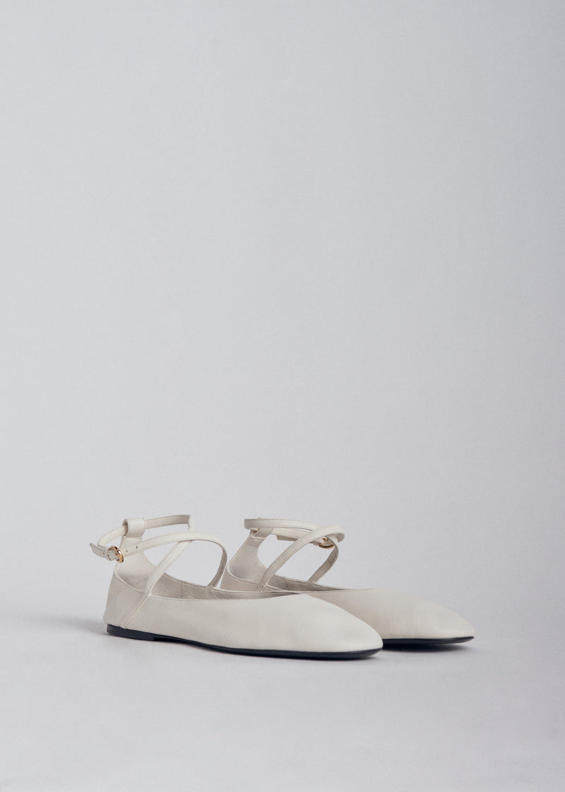 Ankle Strap Ballerina in Chiffon Leather - Ivory - CO