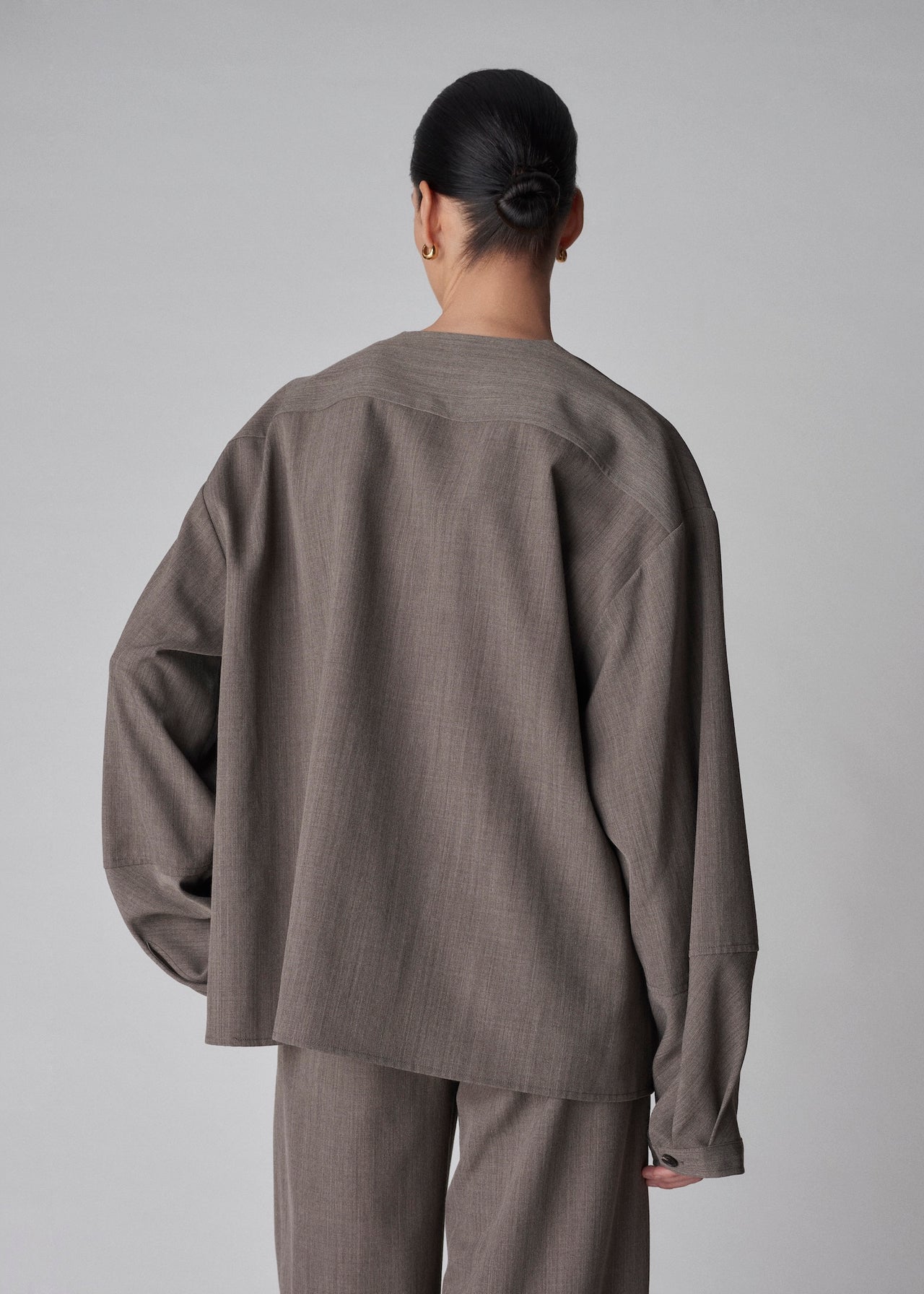 Boxy Long Sleeve Top in Melange Suiting - Brown - CO